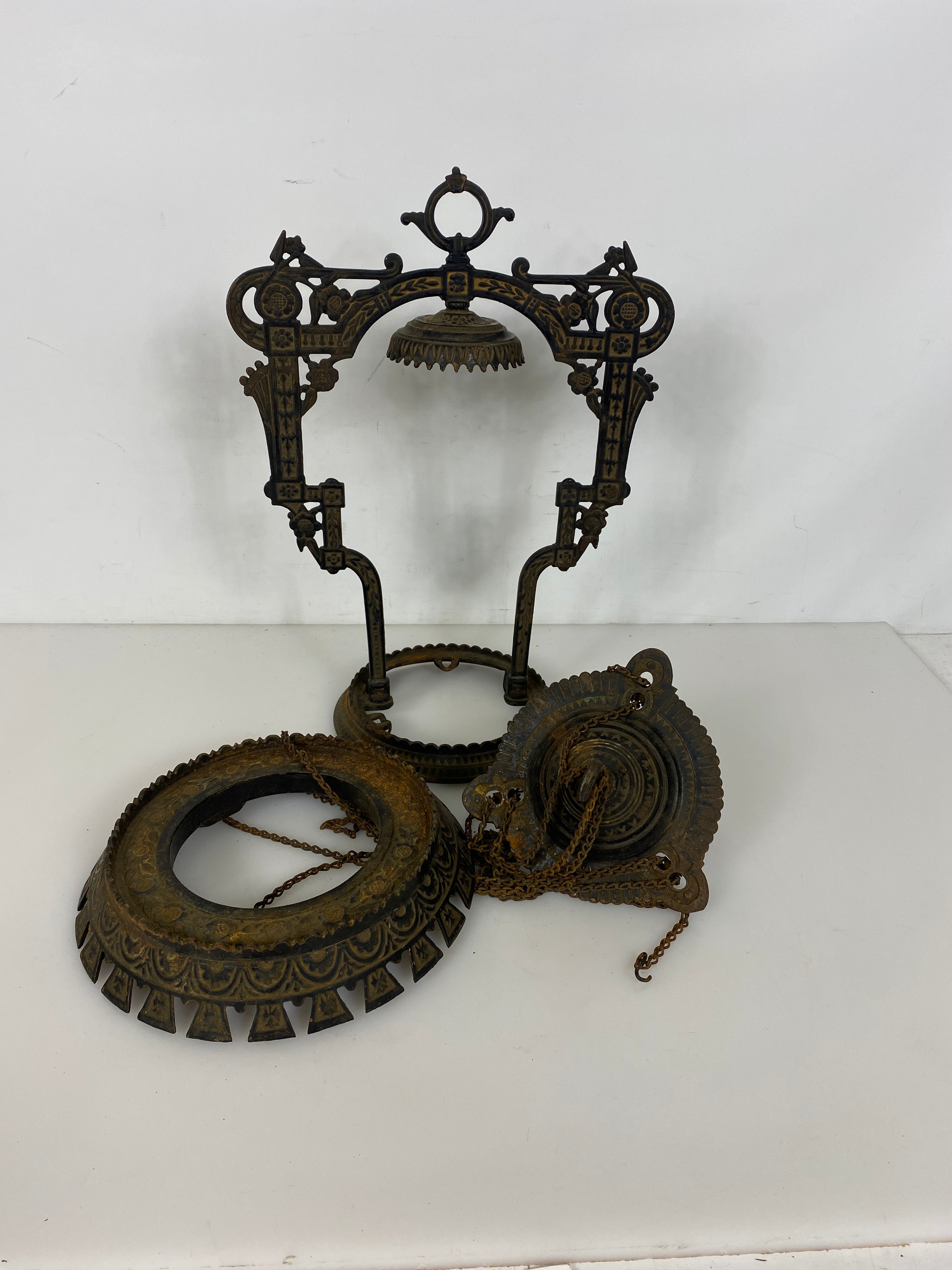 Antique 1800's Bradley & Hubbard Cast Iron Hanging Parlor Oil Lamp