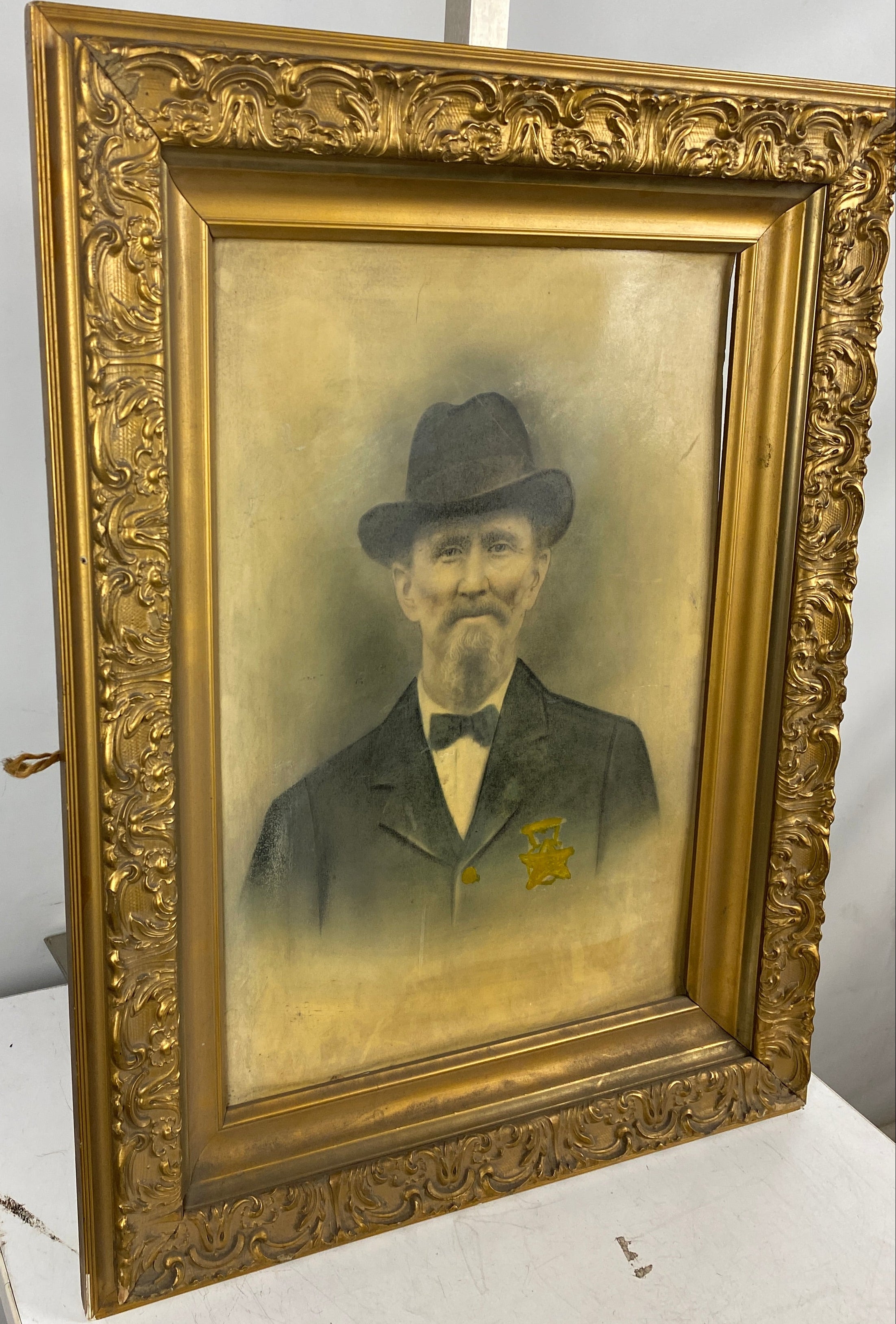 Antique Framed Portrait of Gentleman with Star Badge – Vintage Wall Art