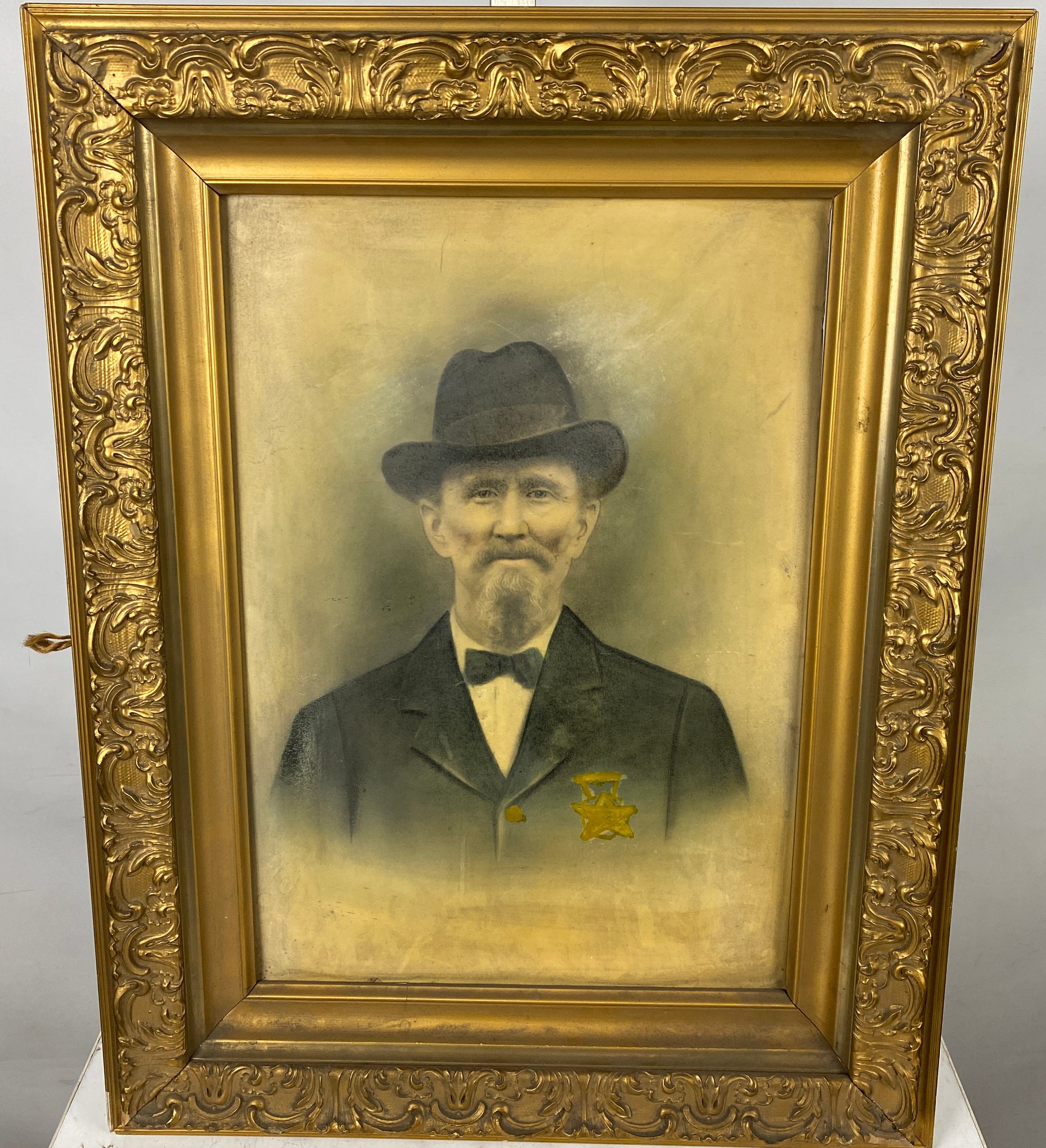 Antique Framed Portrait of Gentleman with Star Badge – Vintage Wall Art