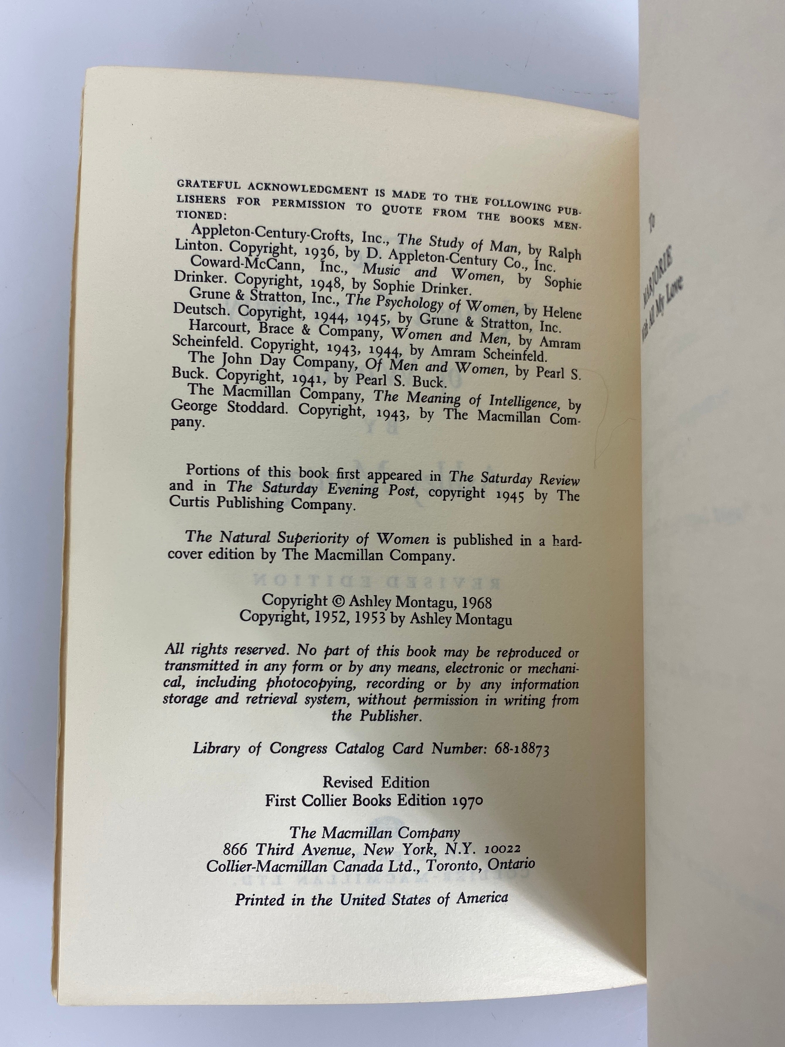 Ashley Montagu The Natural Superiority of Women 1970 Revised Ed SC