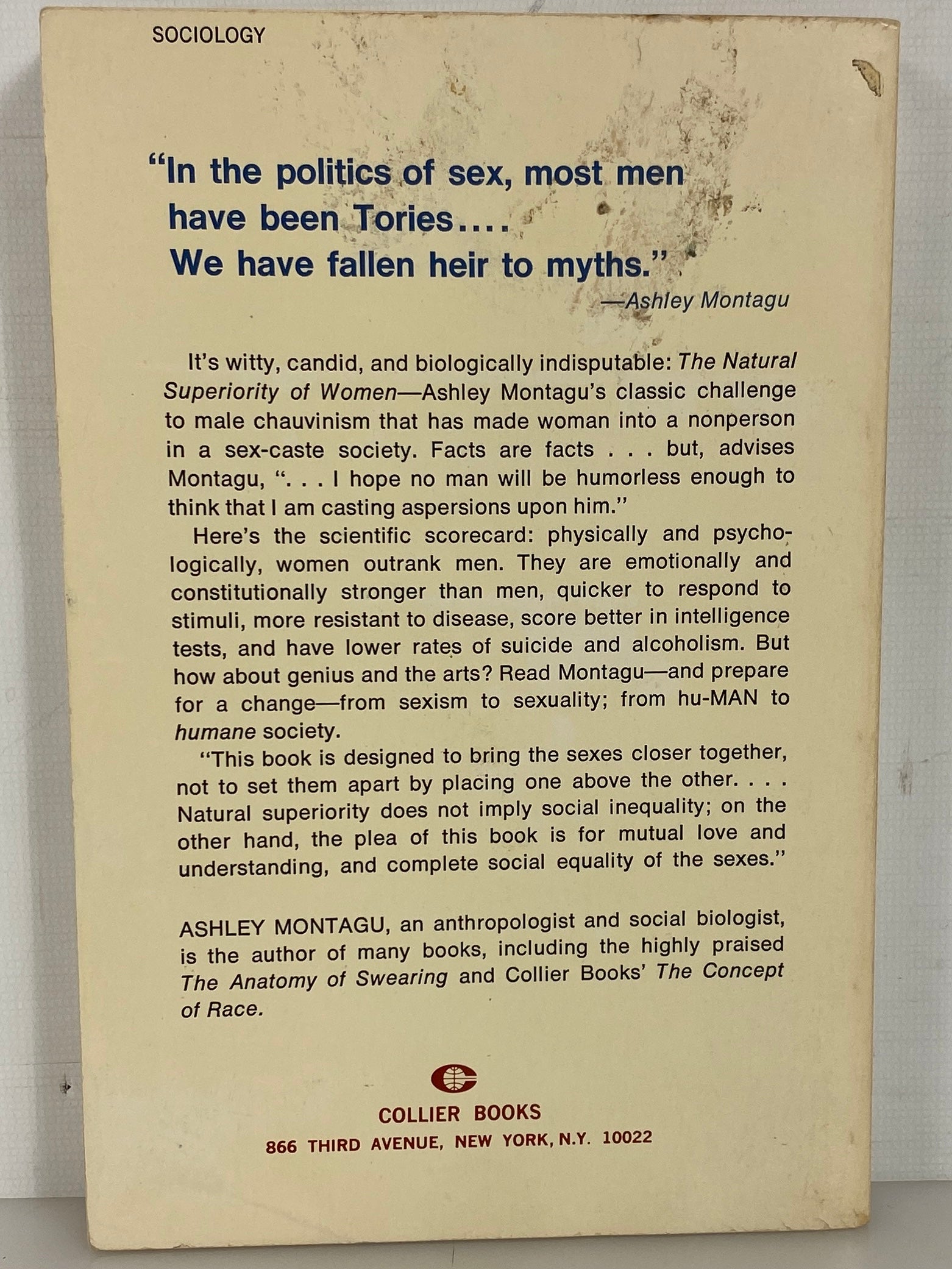 Ashley Montagu The Natural Superiority of Women 1970 Revised Ed SC