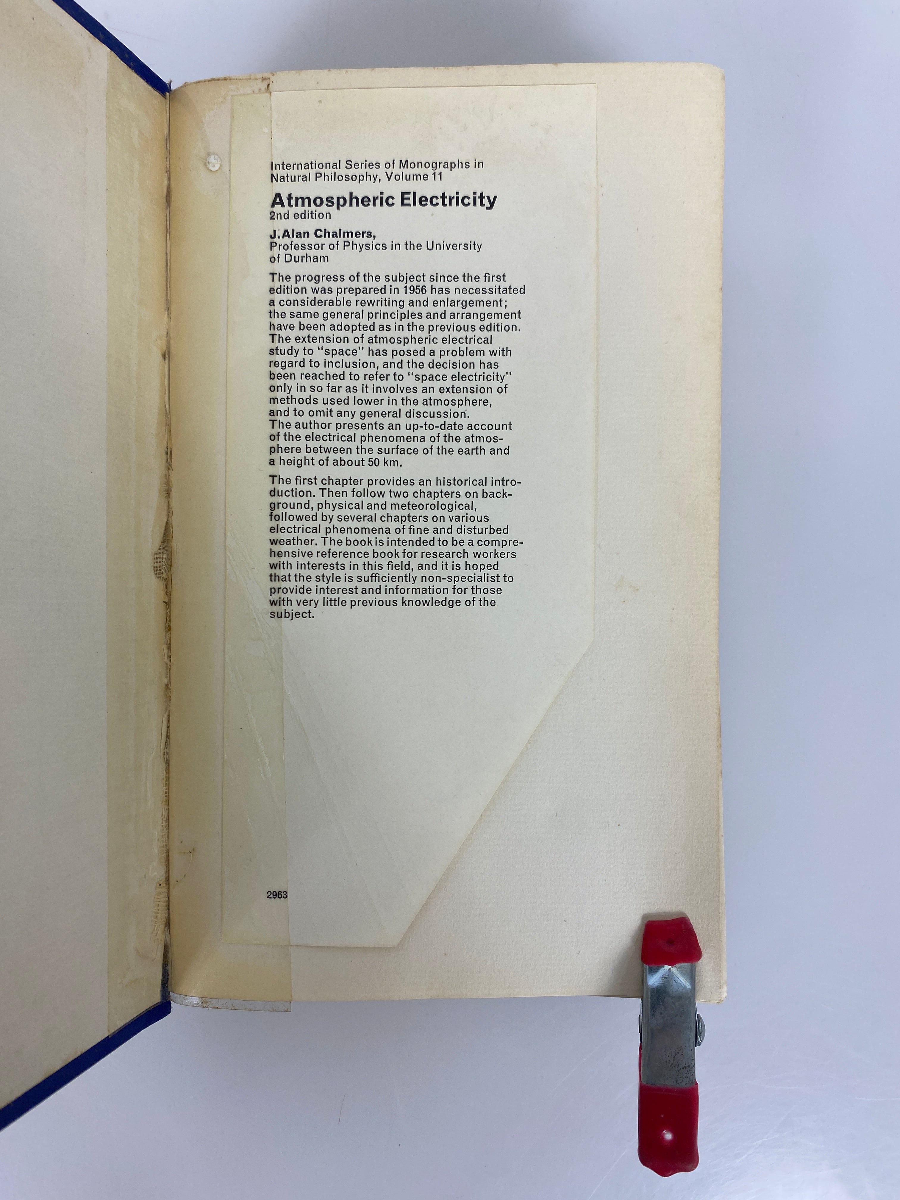 Atmospheric Electricity J. Alan Chalmers 1967 2nd Ed Ex-Library HC