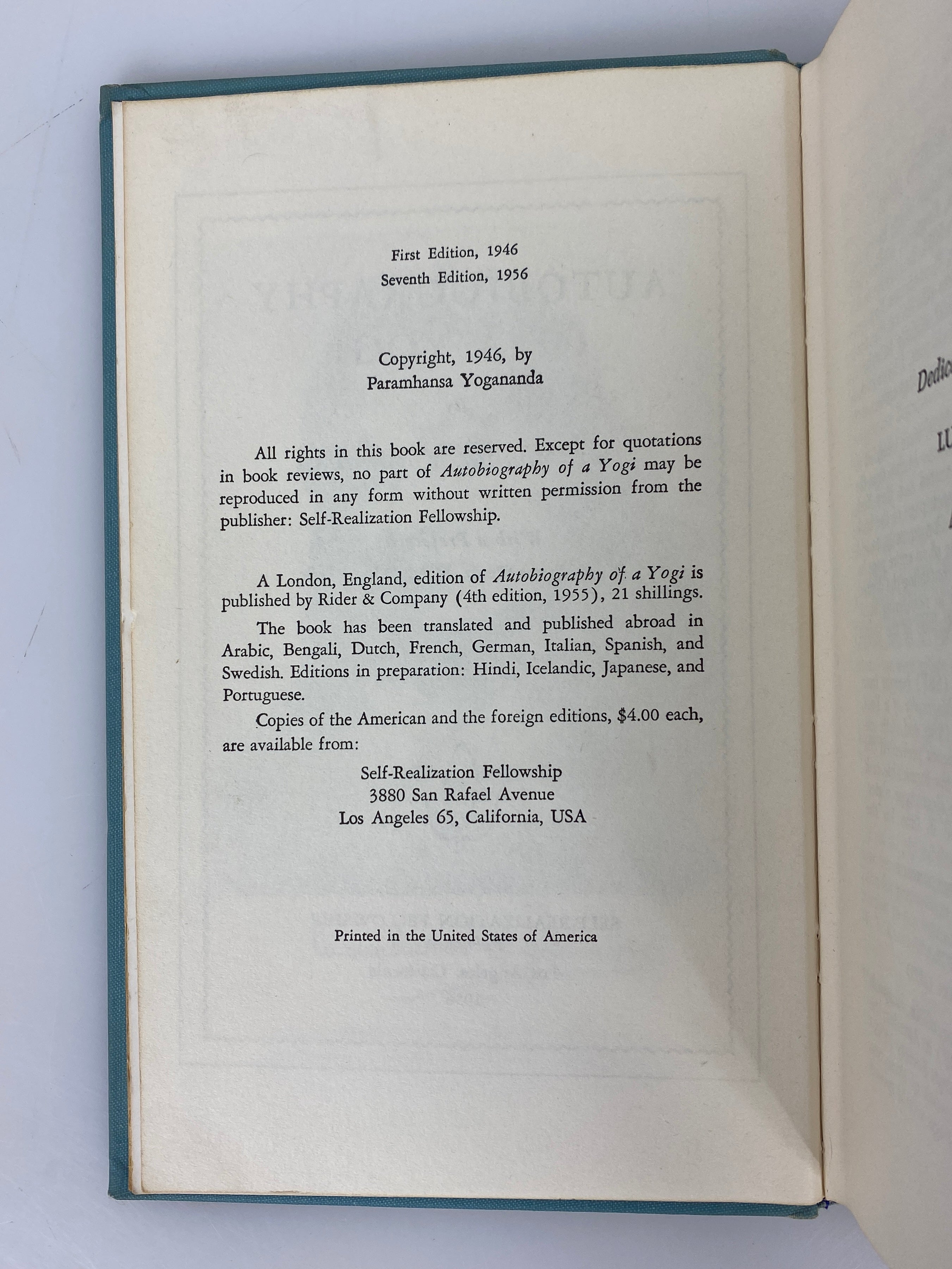 Autobiography of a Yogi by Paramhansa Yogananda 1956 Seventh Edition HC
