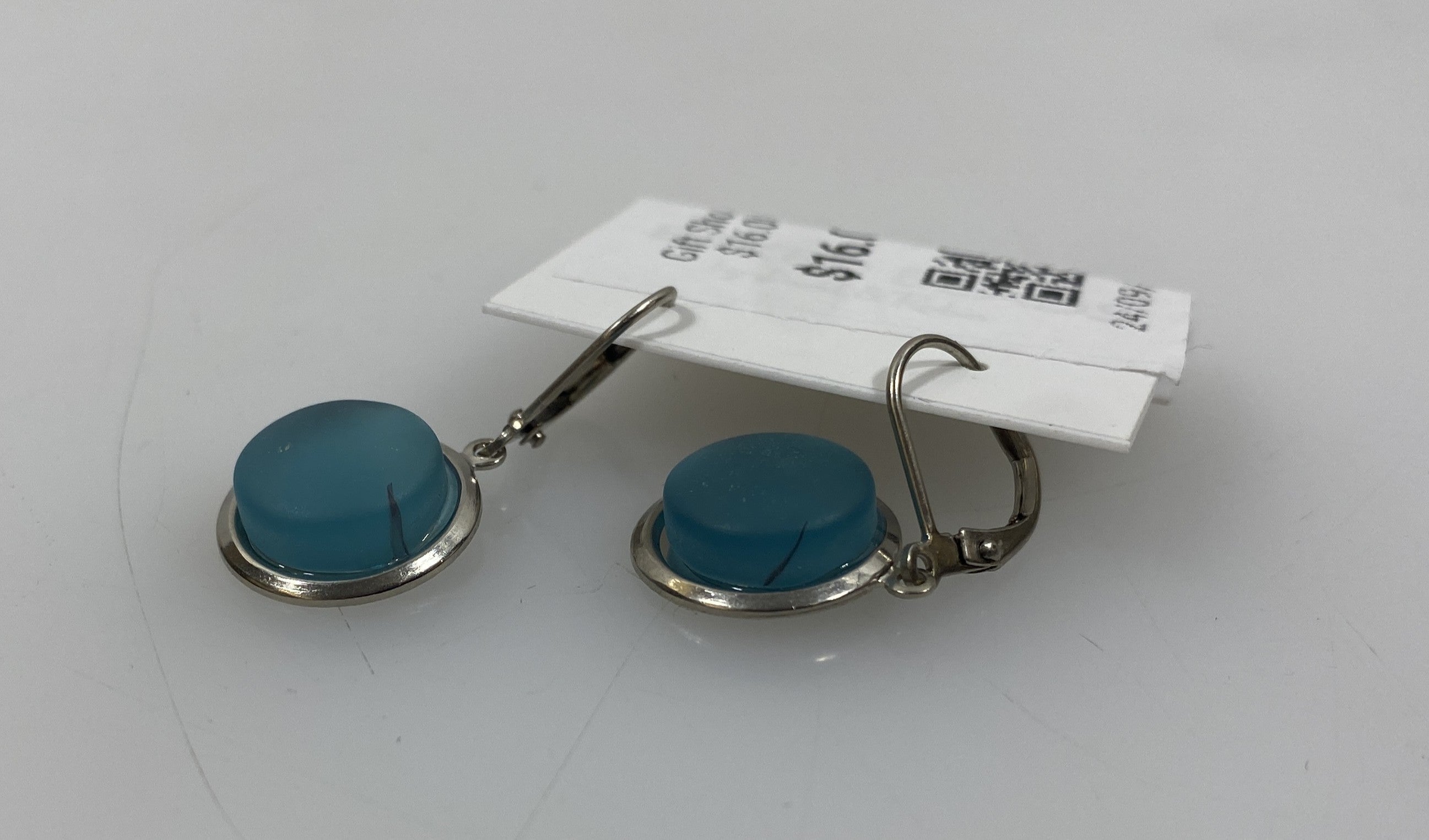 Baked Beads Silver Light Blue Sea Glass Dangle Earrings