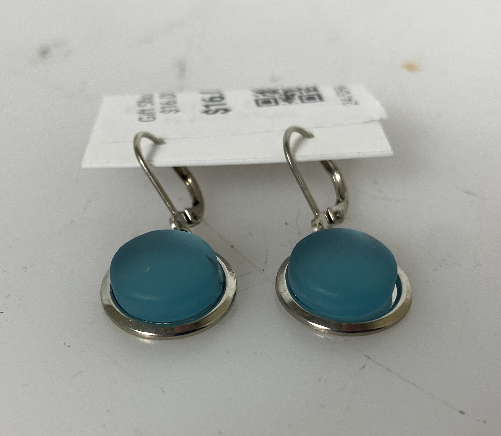 Baked Beads Silver Light Blue Sea Glass Dangle Earrings