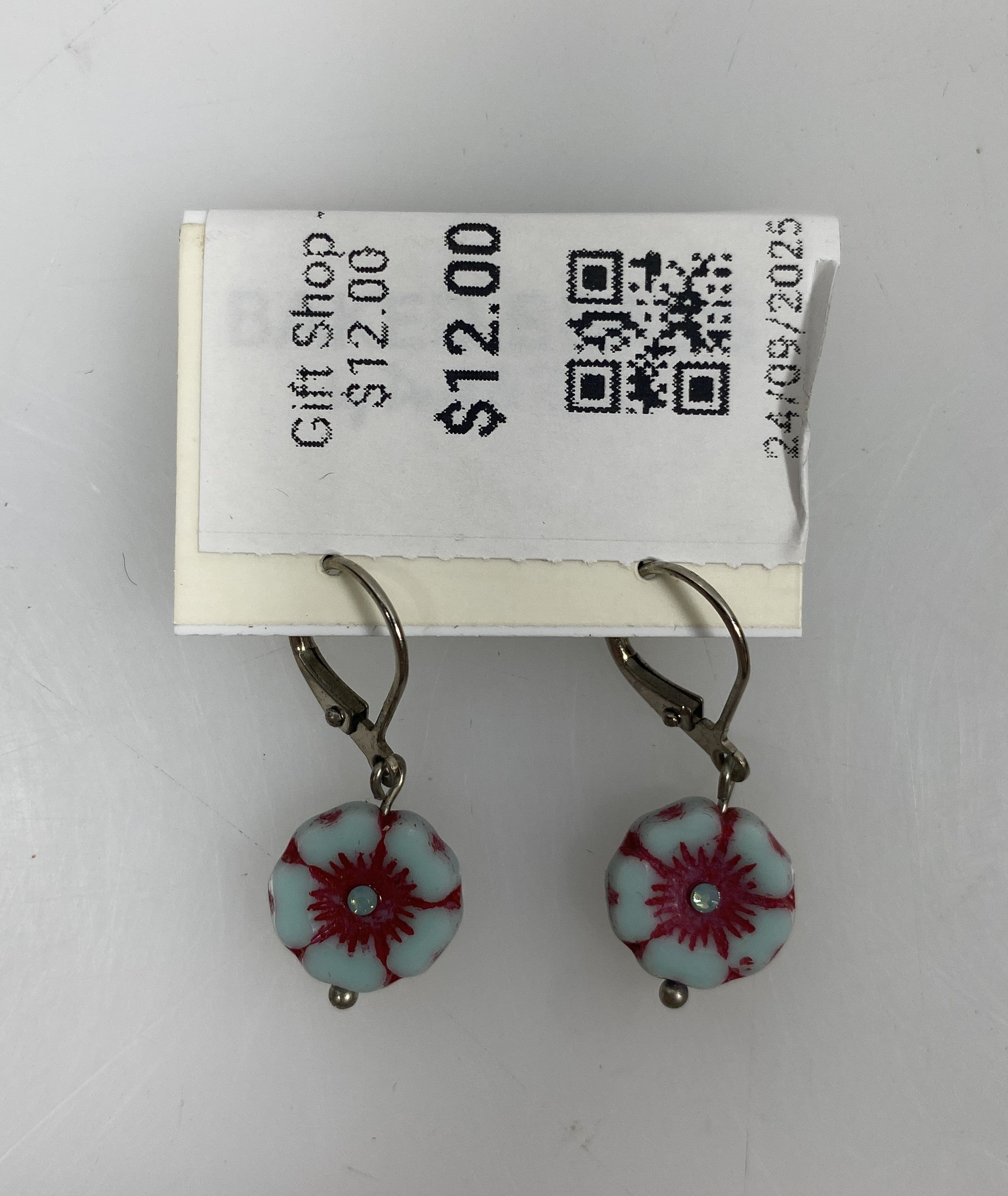 Baked Beads Silver Red and Blue Flower Dangle Earrings