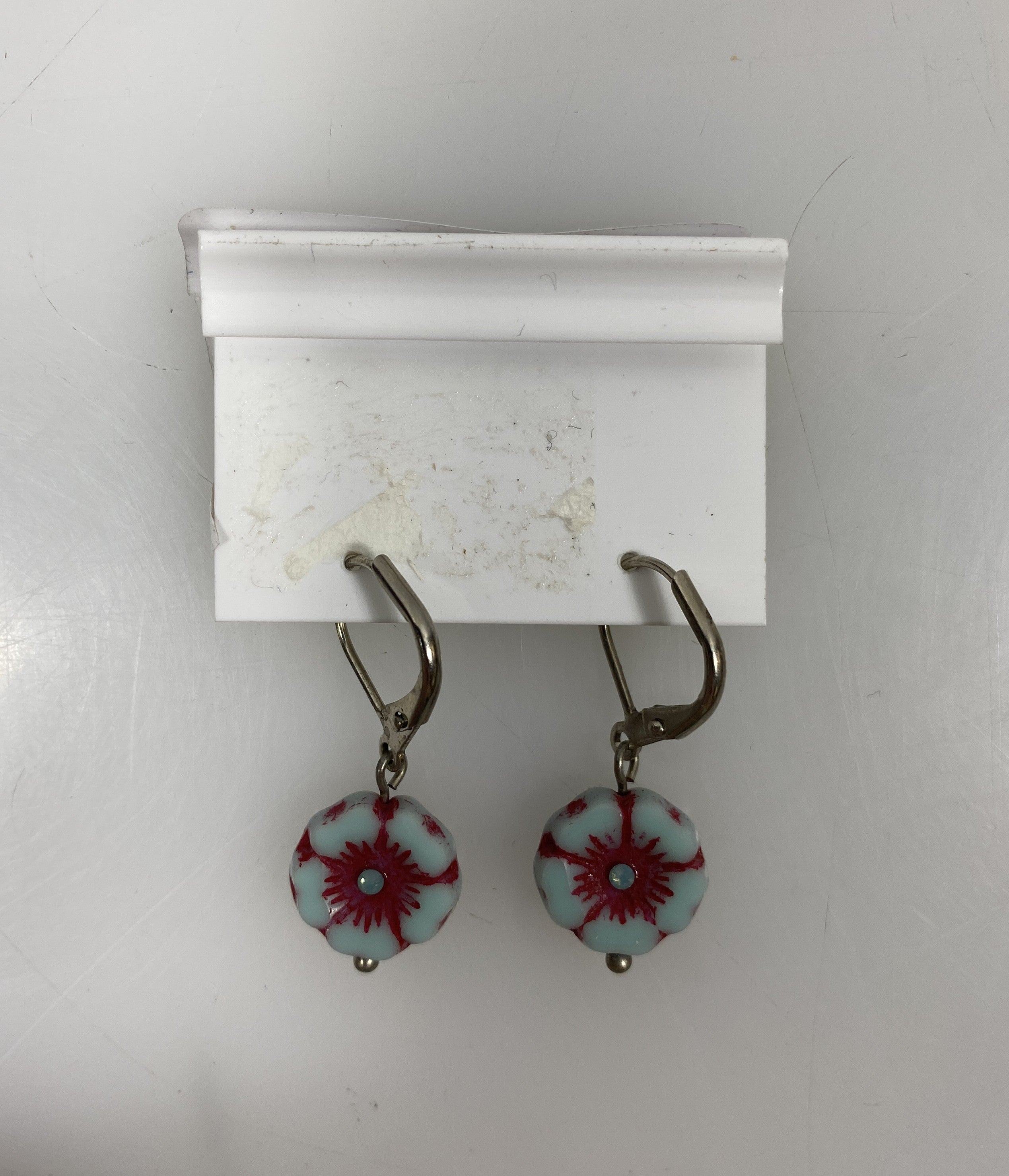 Baked Beads Silver Red and Blue Flower Dangle Earrings