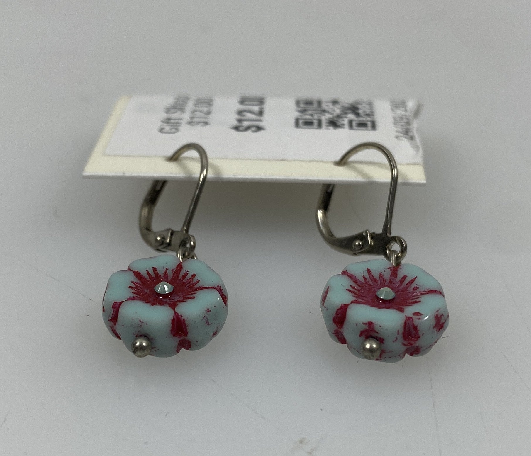 Baked Beads Silver Red and Blue Flower Dangle Earrings