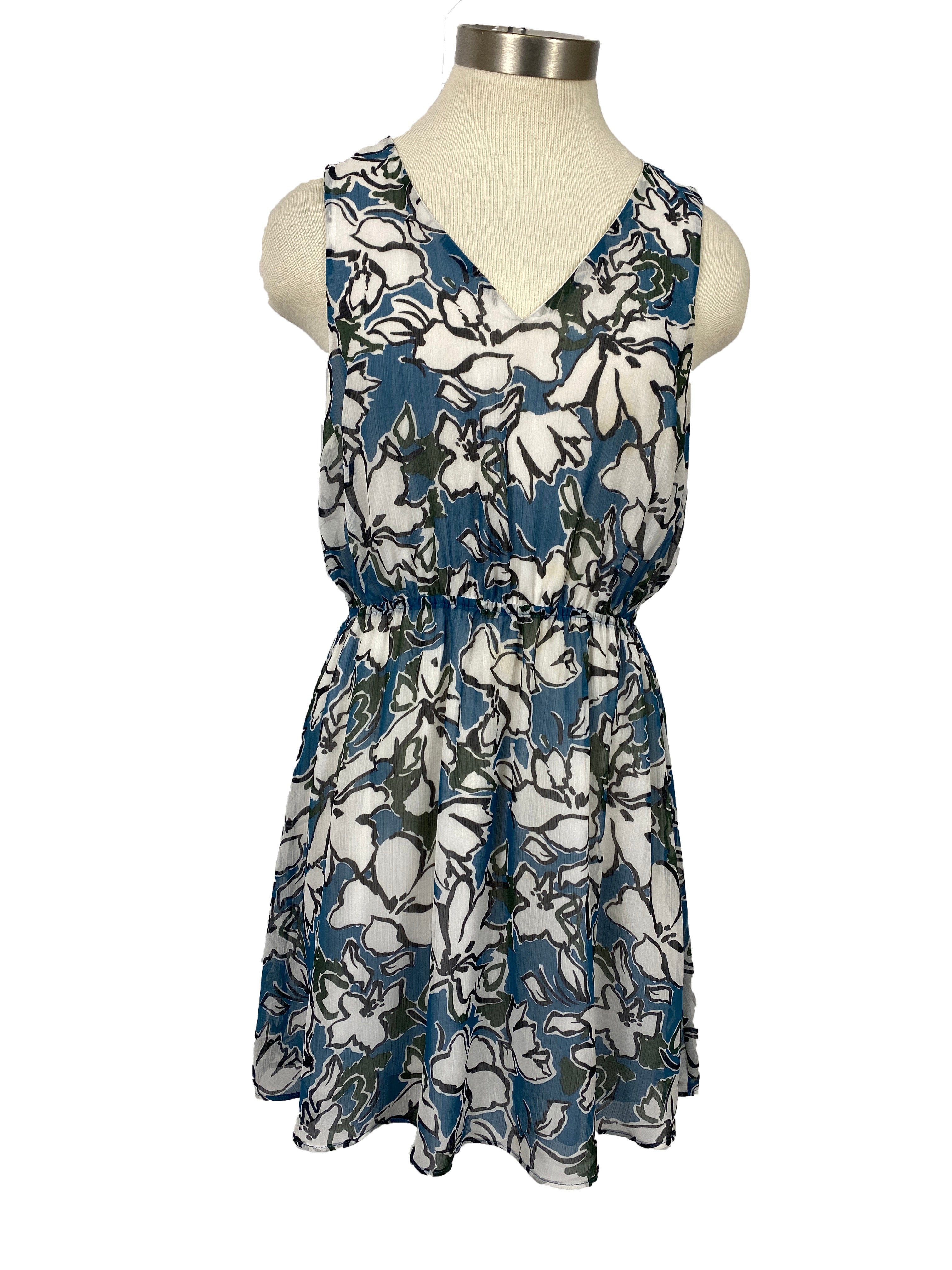 Banana Republic Steel Blue, Charcoal, White Floral Sleeveless Dress Wo – MSU Surplus Store