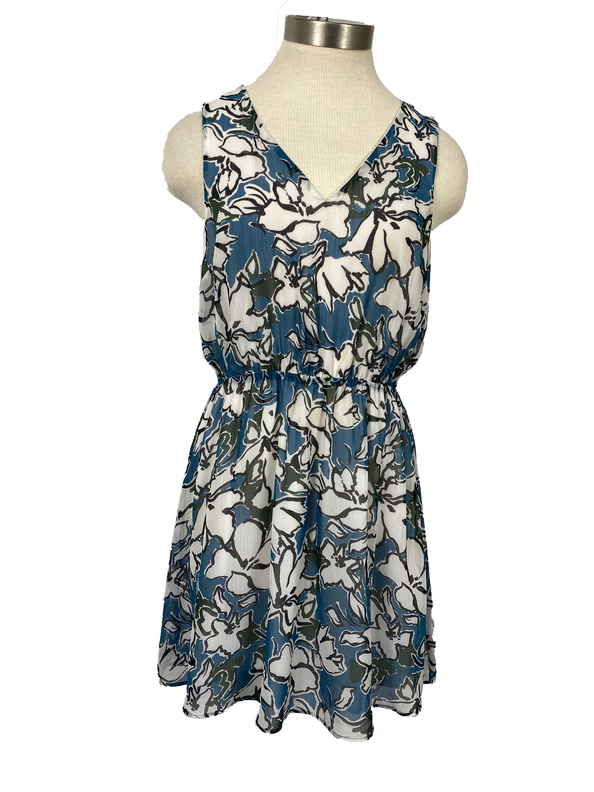 Banana Republic Steel Blue, Charcoal, White Floral Sleeveless Dress Wo – MSU Surplus Store