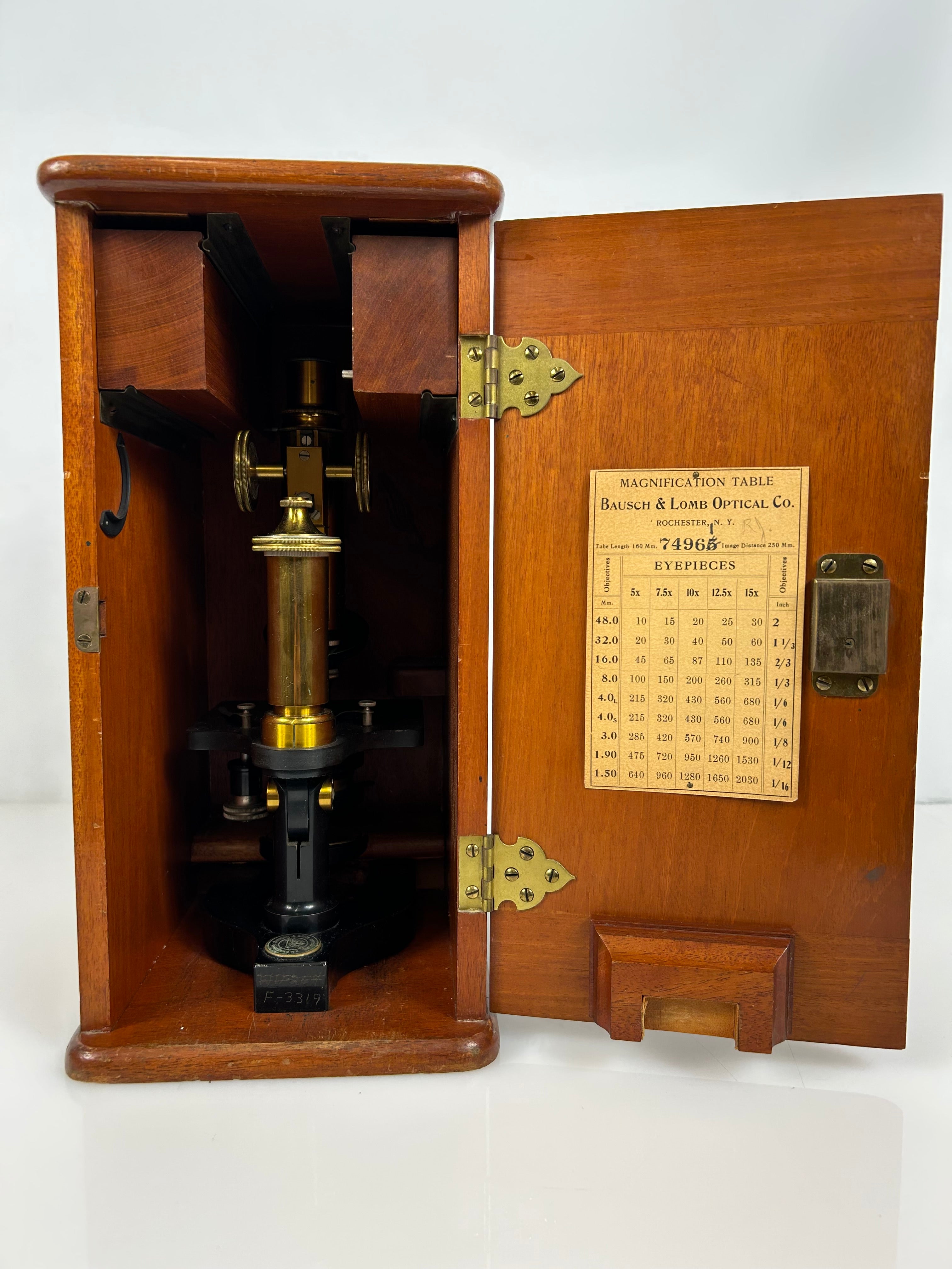 Bausch and Lomb Student Microscope 1929 Model 74964 w/Obj Chart