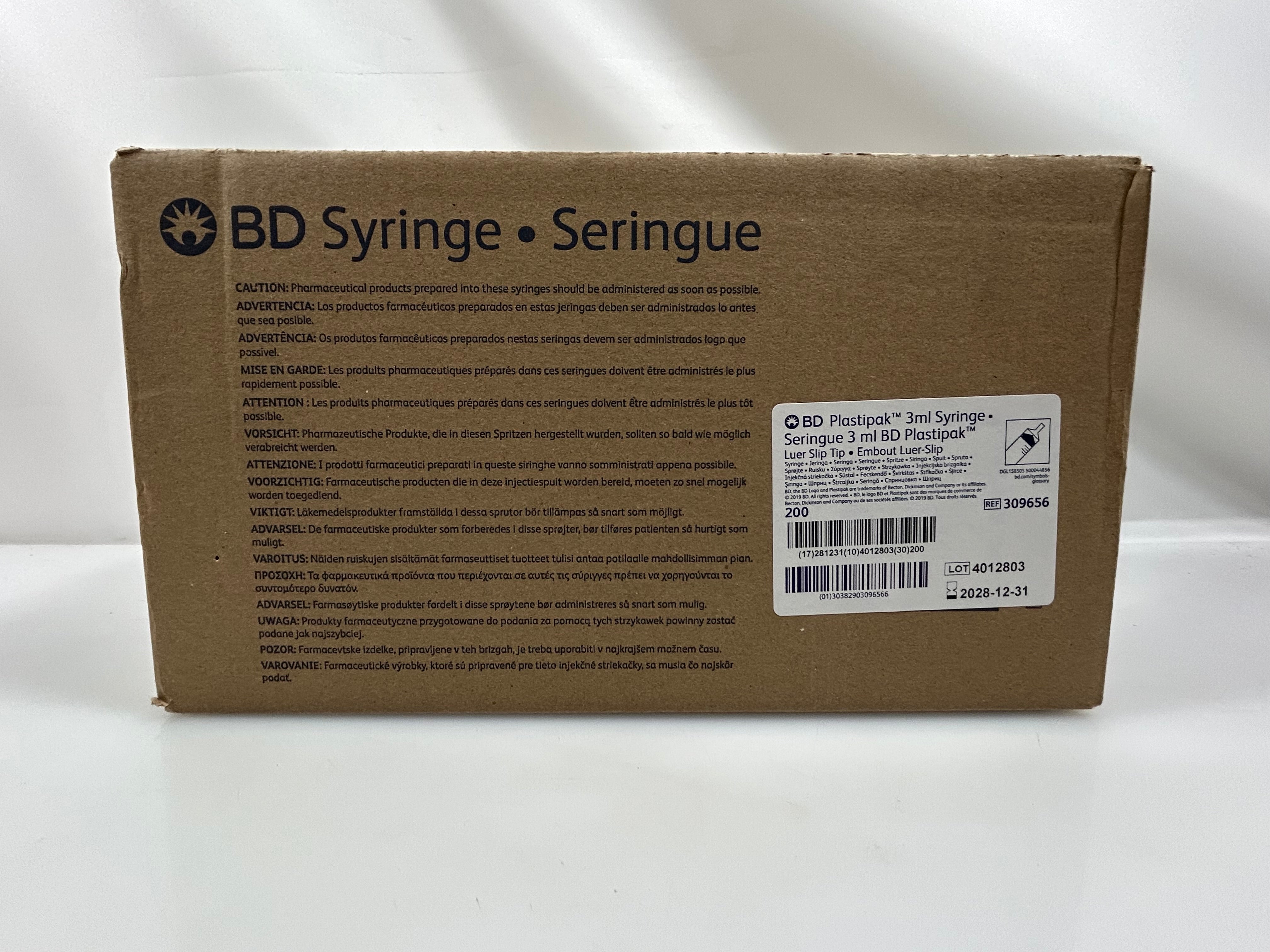 BD Plastipak 3mL Syringe 200 Count 309656 *New in Package*