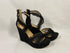 Bebe Black Strappy Wedge Pumps with Zippered Heel and Frayed Fabric Women's Size 8