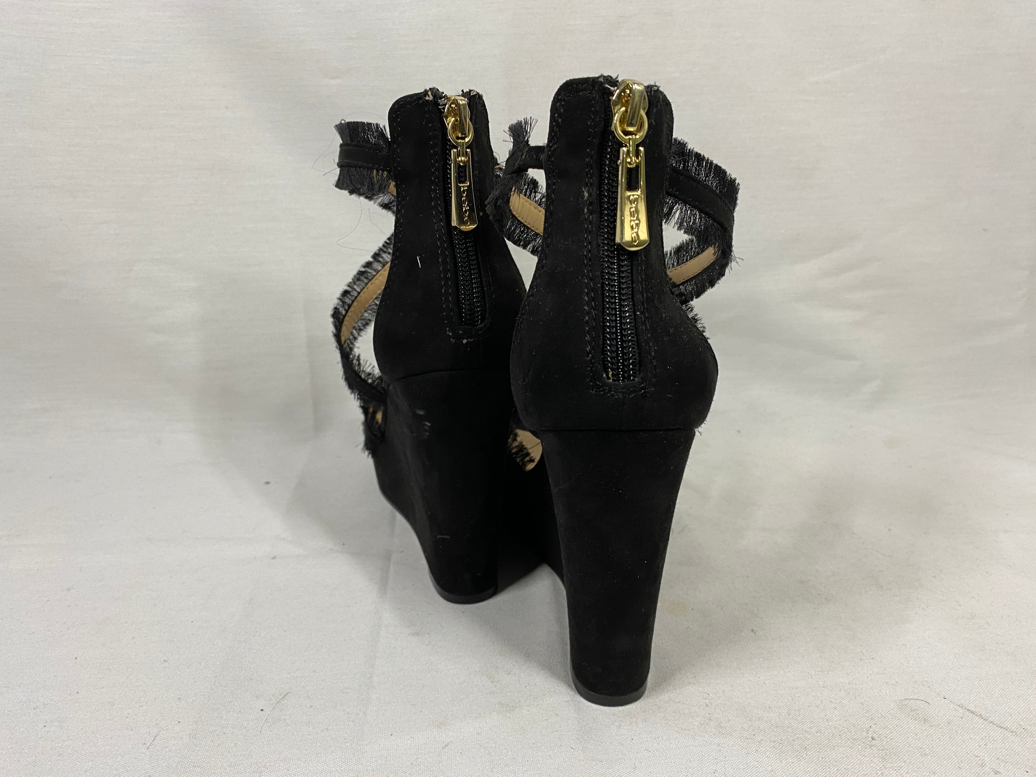 Bebe Black Strappy Wedge Pumps with Zippered Heel and Frayed Fabric Women's Size 8