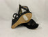 Bebe Black Strappy Wedge Pumps with Zippered Heel and Frayed Fabric Women's Size 8