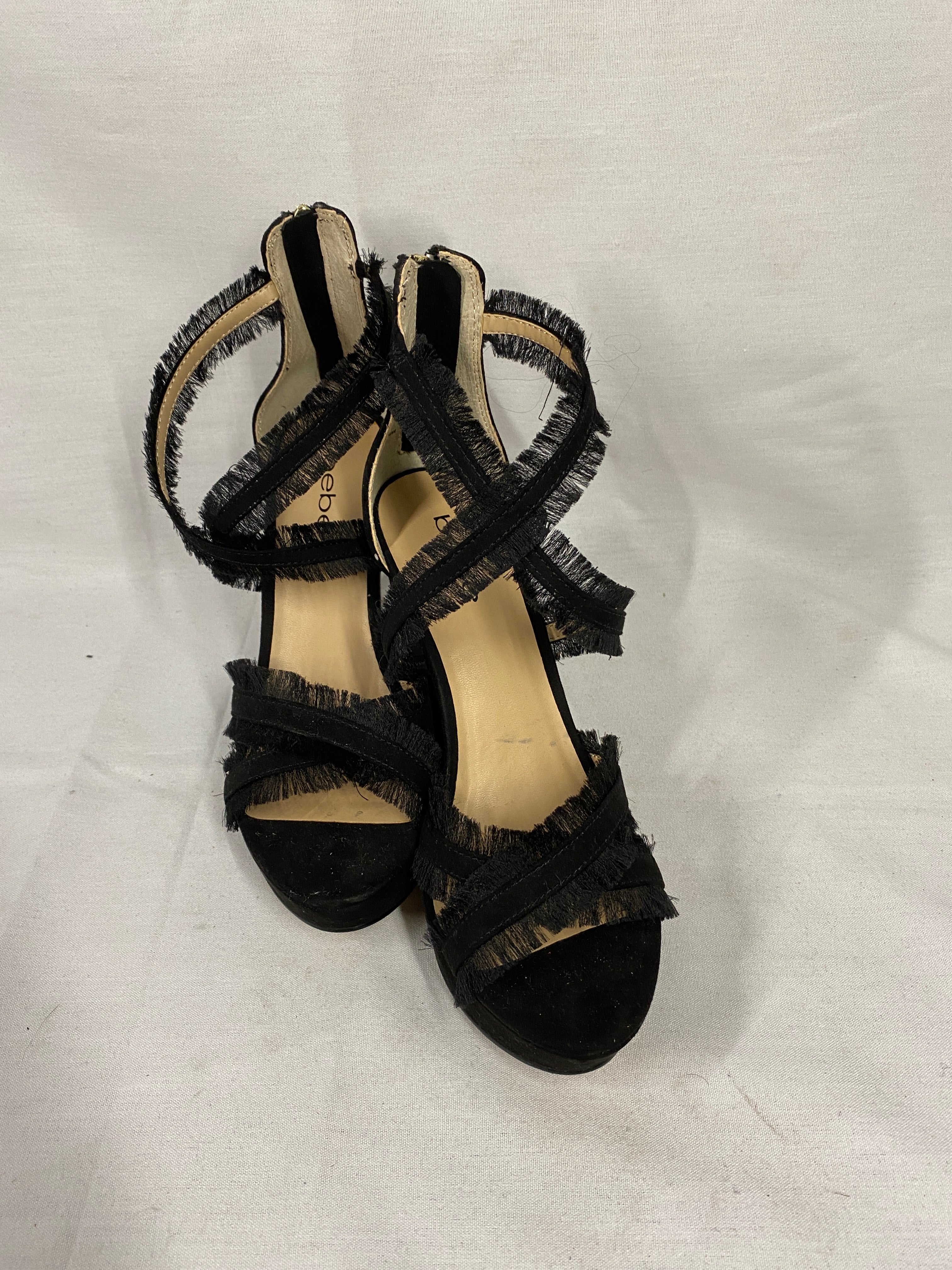 Bebe Black Strappy Wedge Pumps with Zippered Heel and Frayed Fabric Women's Size 8