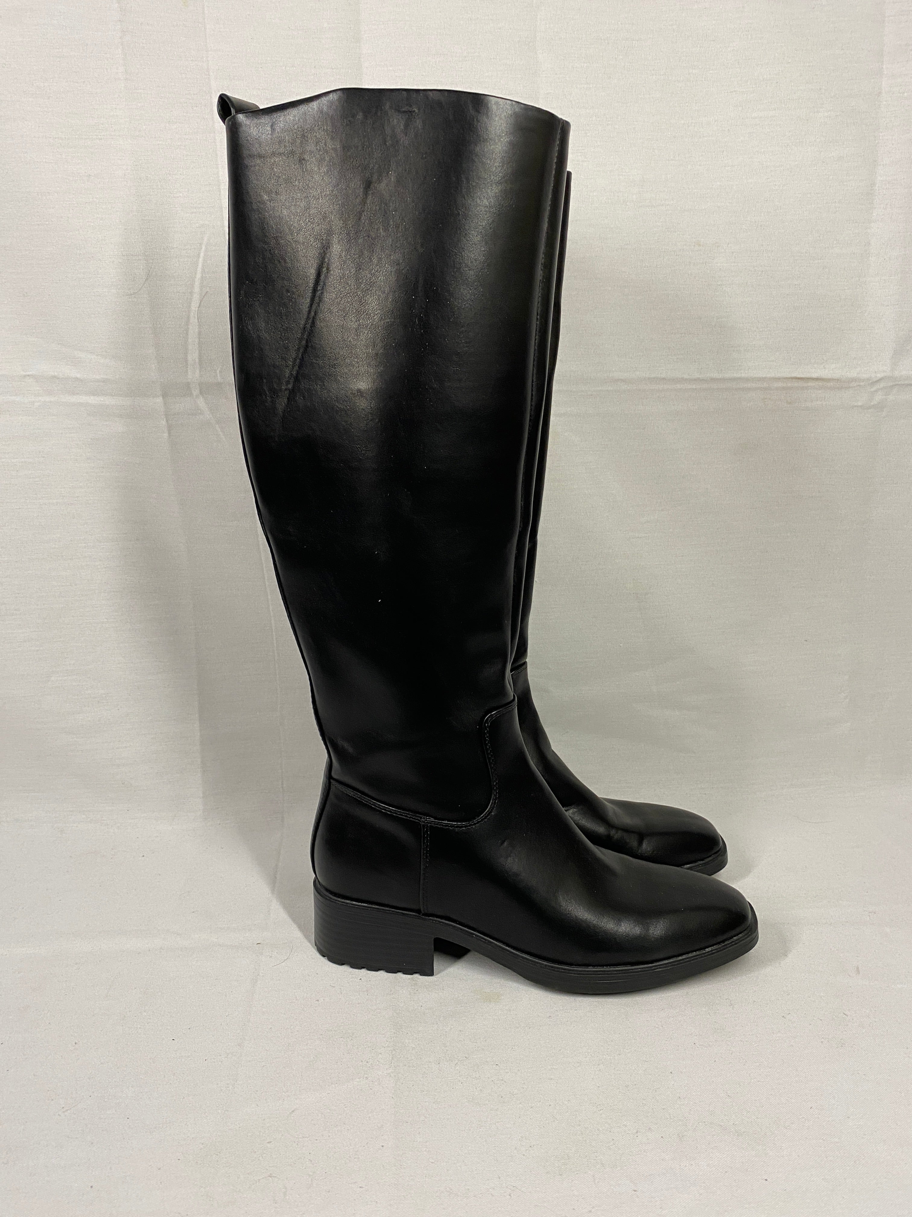 Black Nine West Barile Faux Leather Knee High Block Heel Boots Women's Size 6
