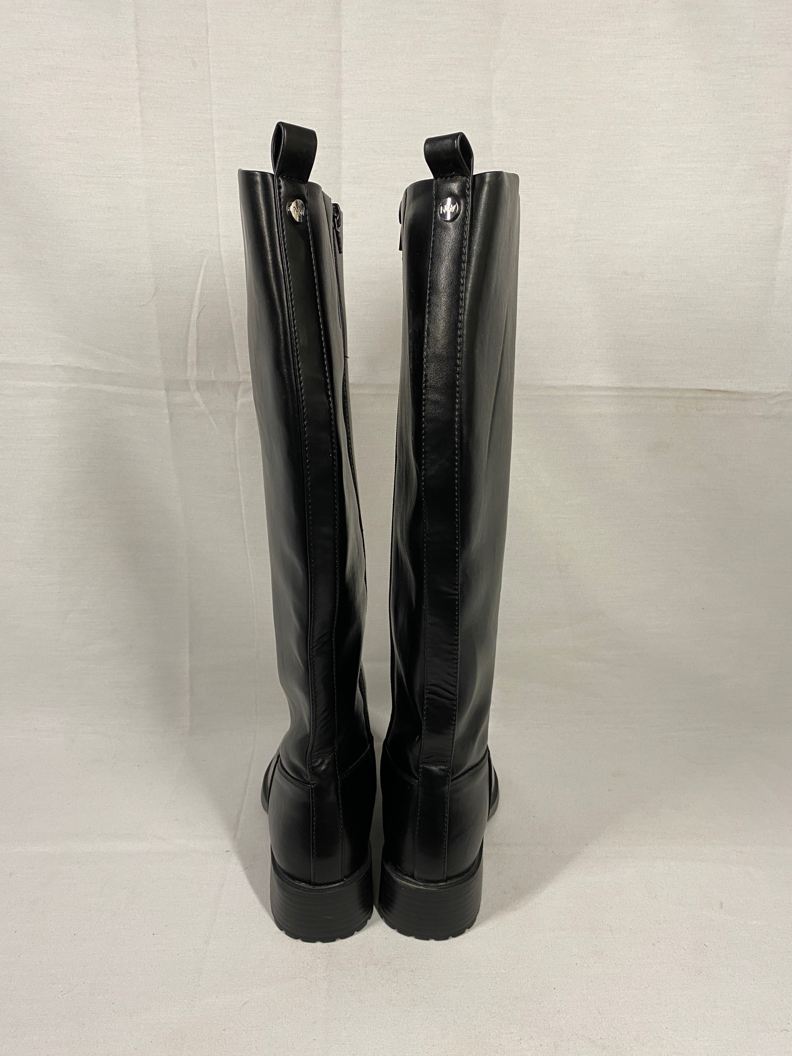 Black Nine West Barile Faux Leather Knee High Block Heel Boots Women's Size 6