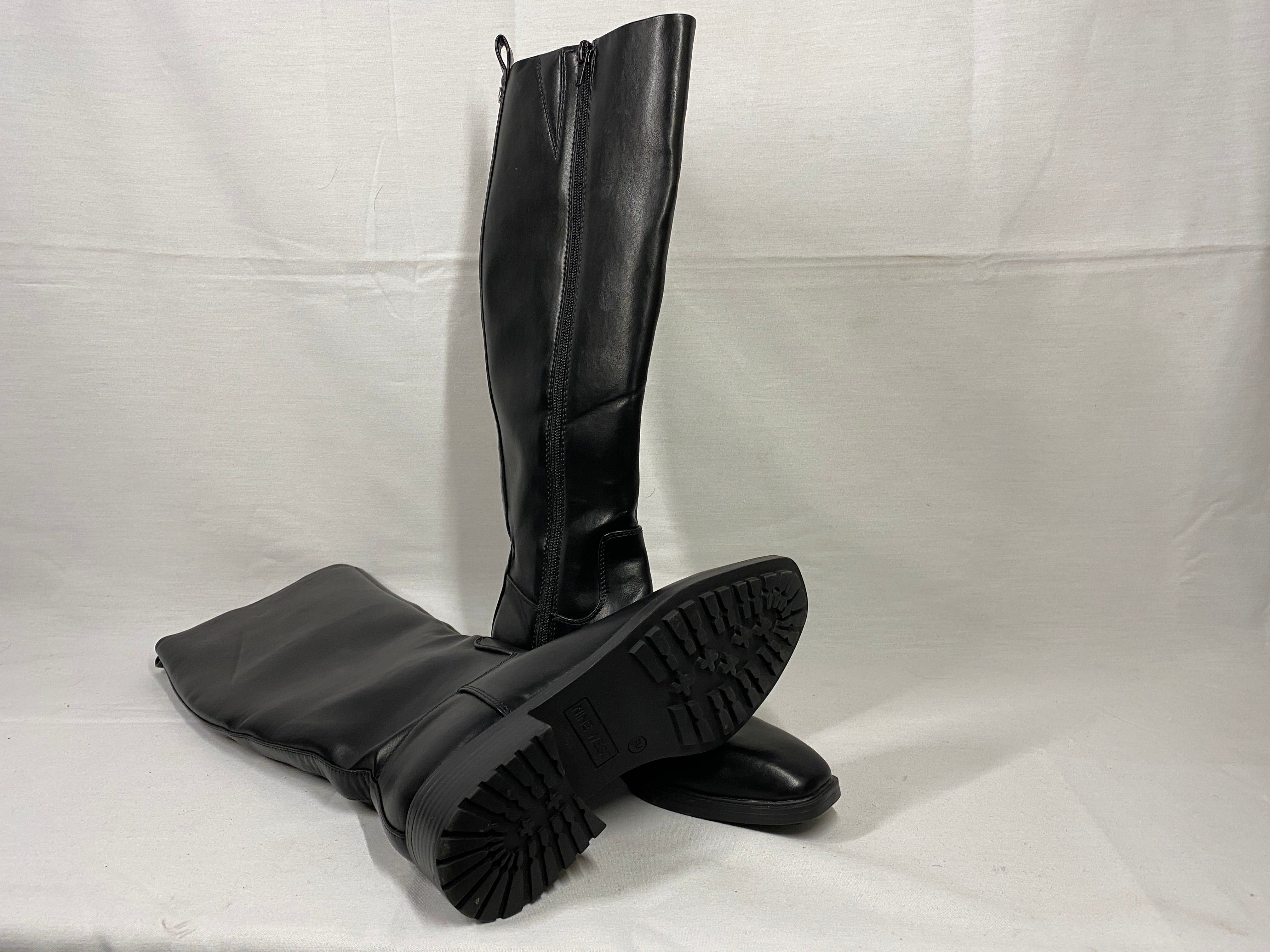 Black Nine West Barile Faux Leather Knee High Block Heel Boots Women's Size 6