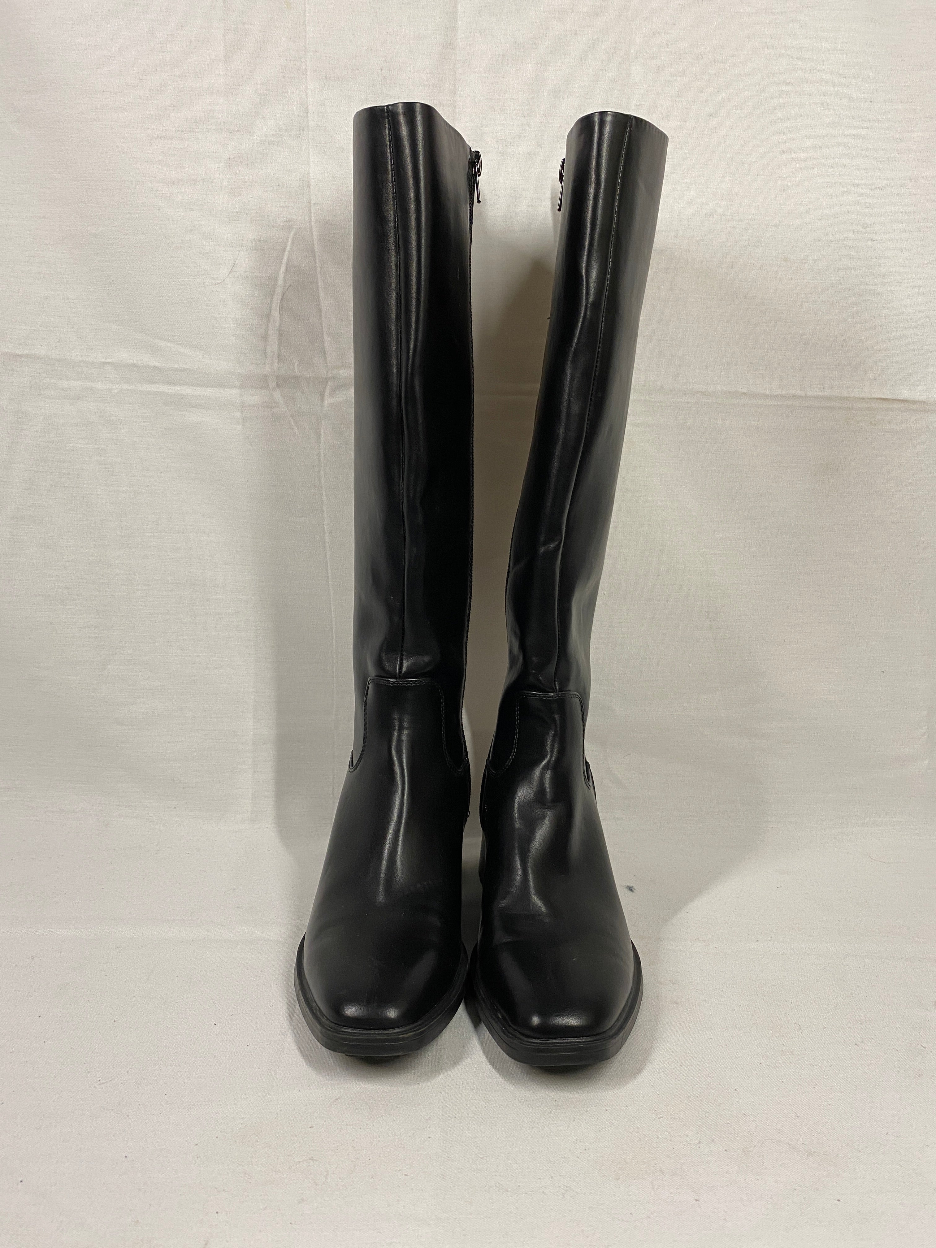 Black Nine West Barile Faux Leather Knee High Block Heel Boots Women's Size 6