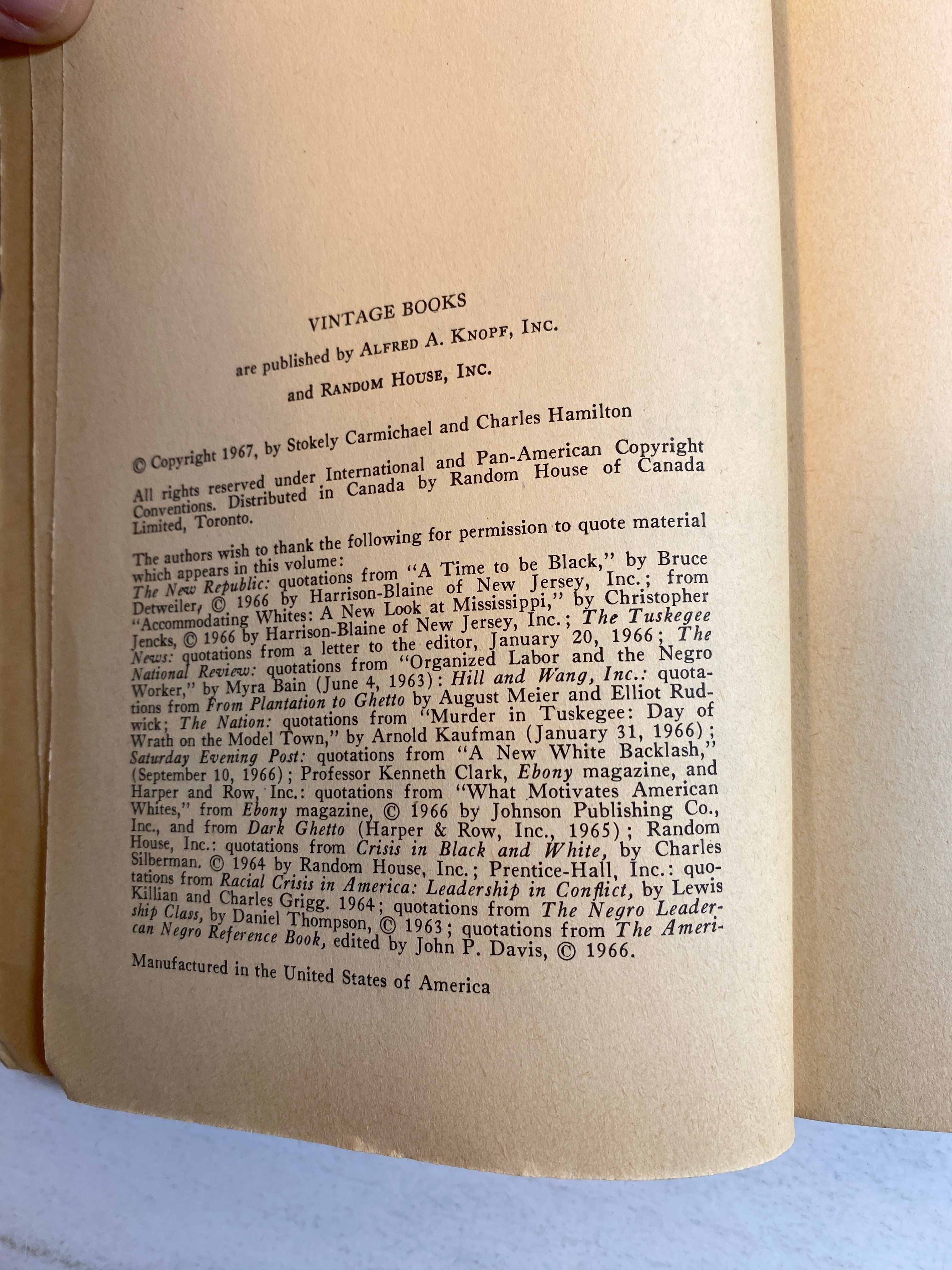 Black Power Stokely Carmichael & Charles Hamilton paperback 1967