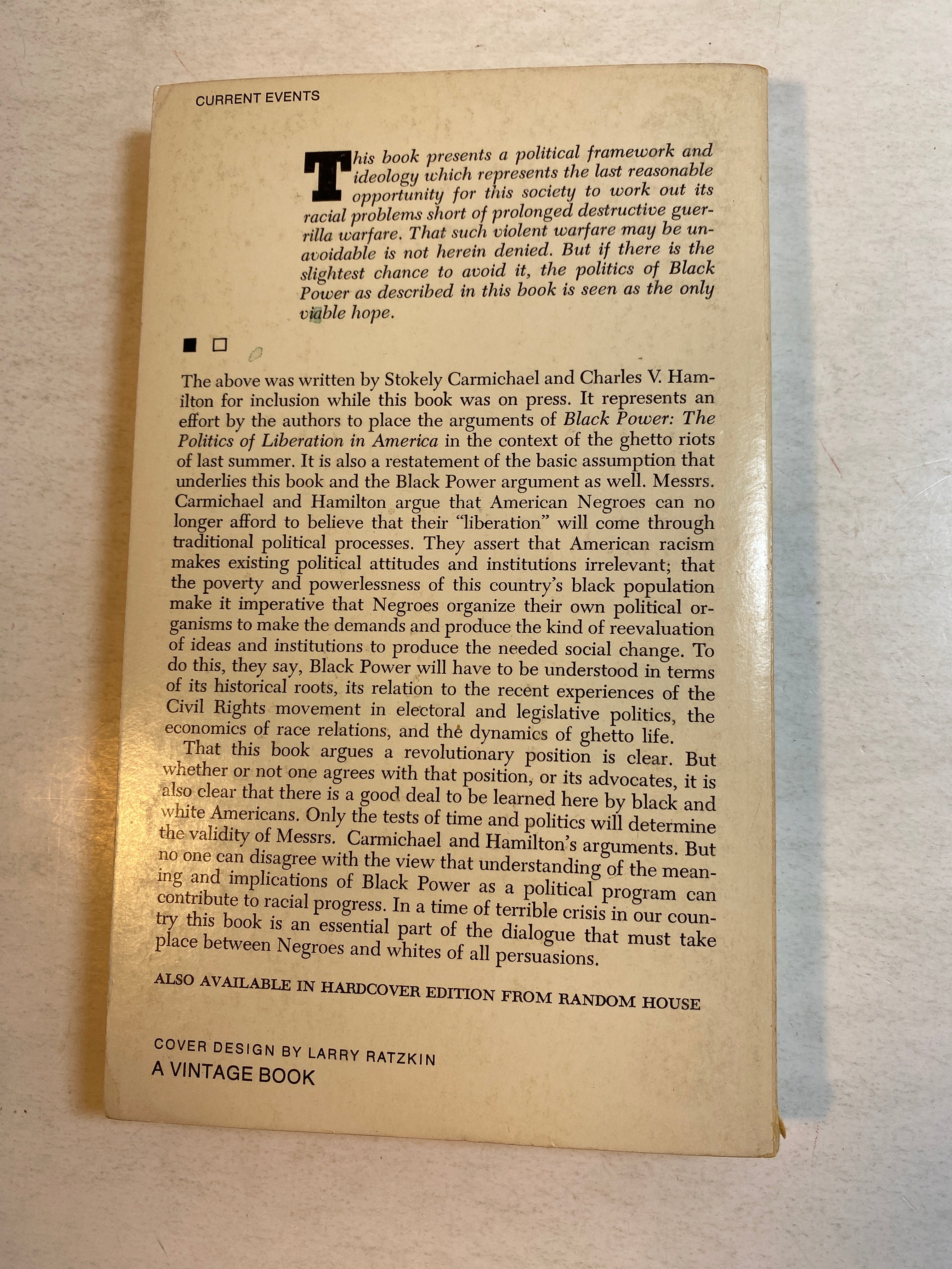 Black Power Stokely Carmichael & Charles Hamilton paperback 1967