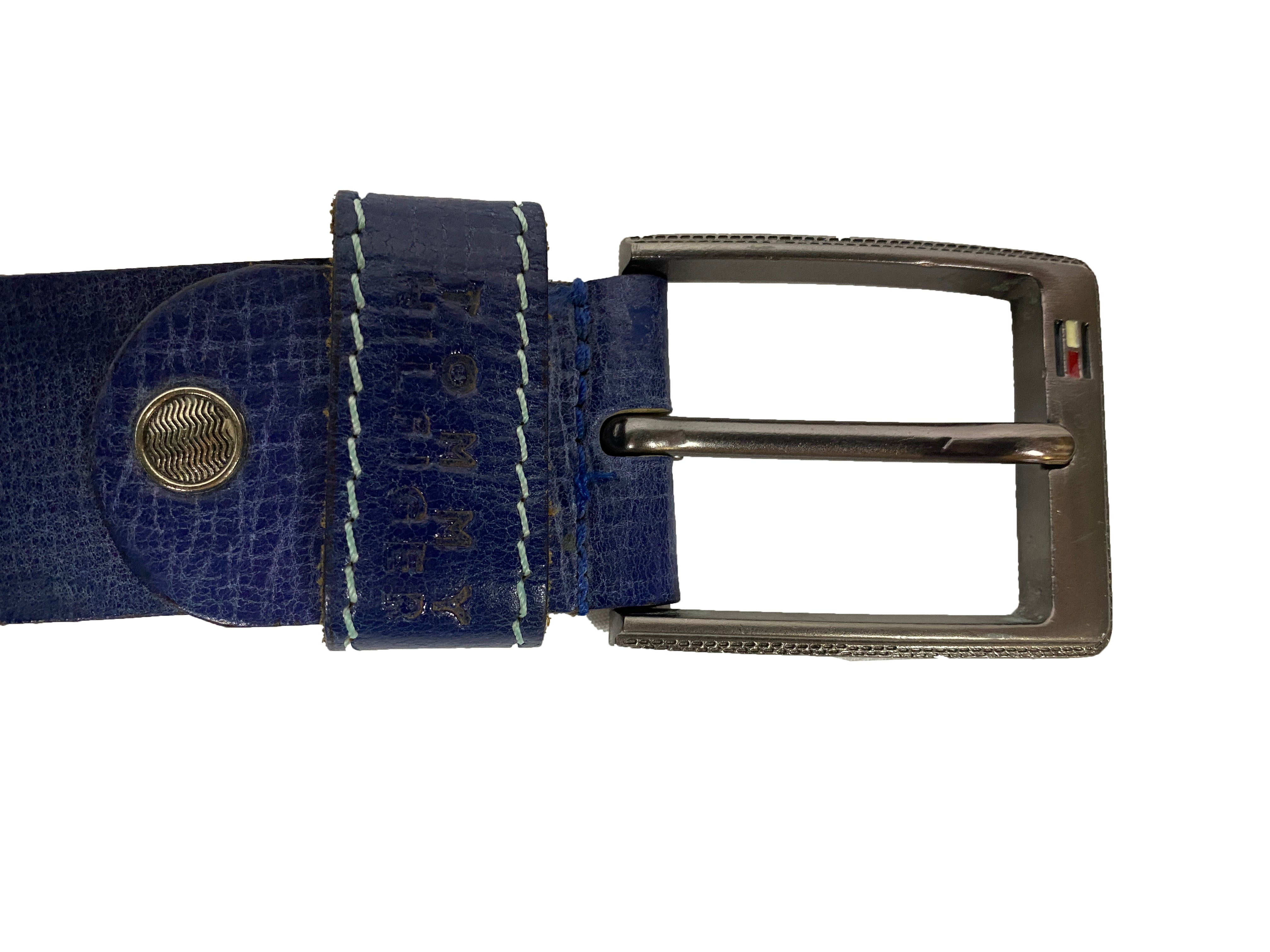 Blue Genuine Leather Tommy Hilfiger Belt Silver-tone Hardware