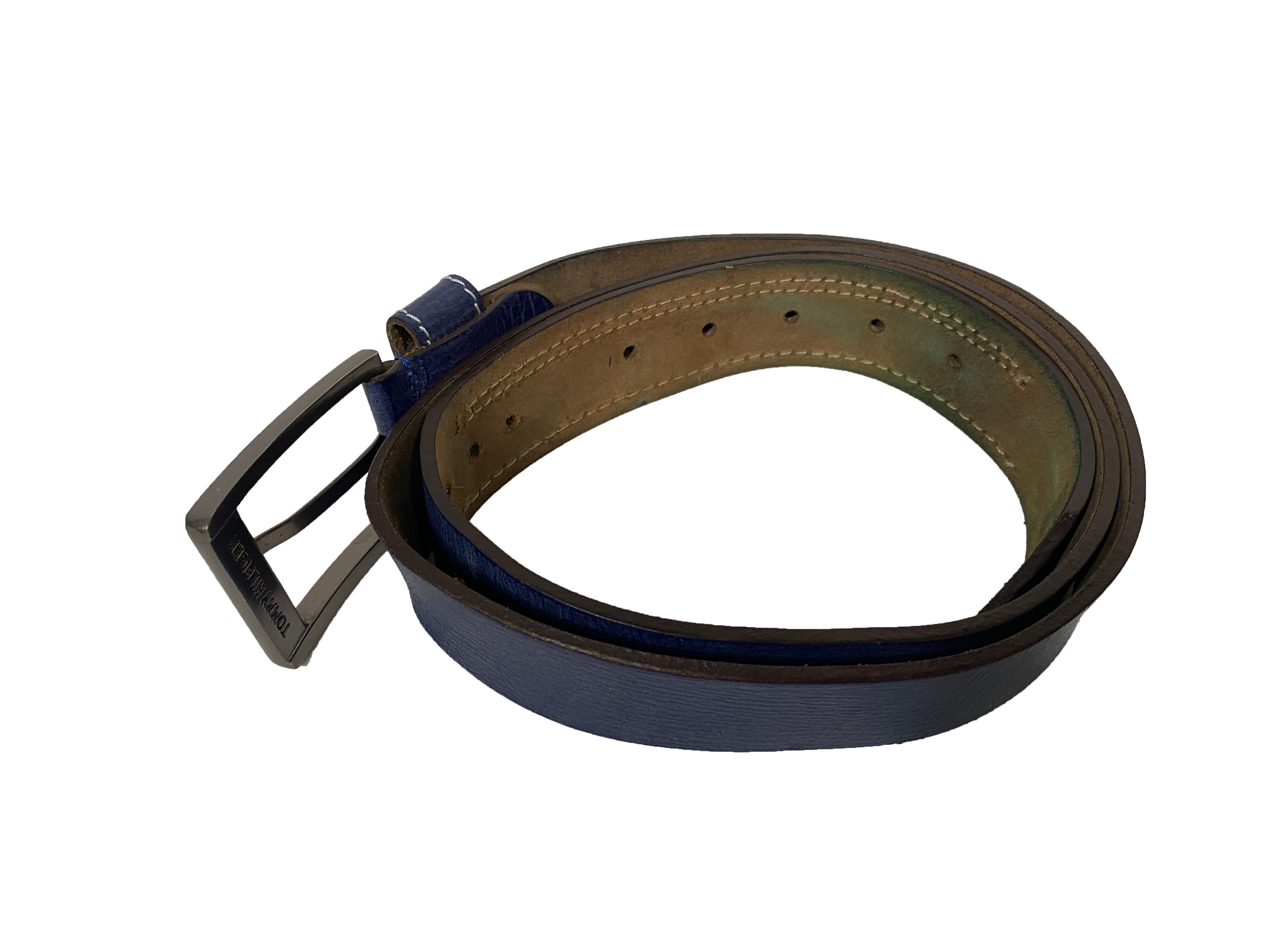 Blue Genuine Leather Tommy Hilfiger Belt Silver-tone Hardware