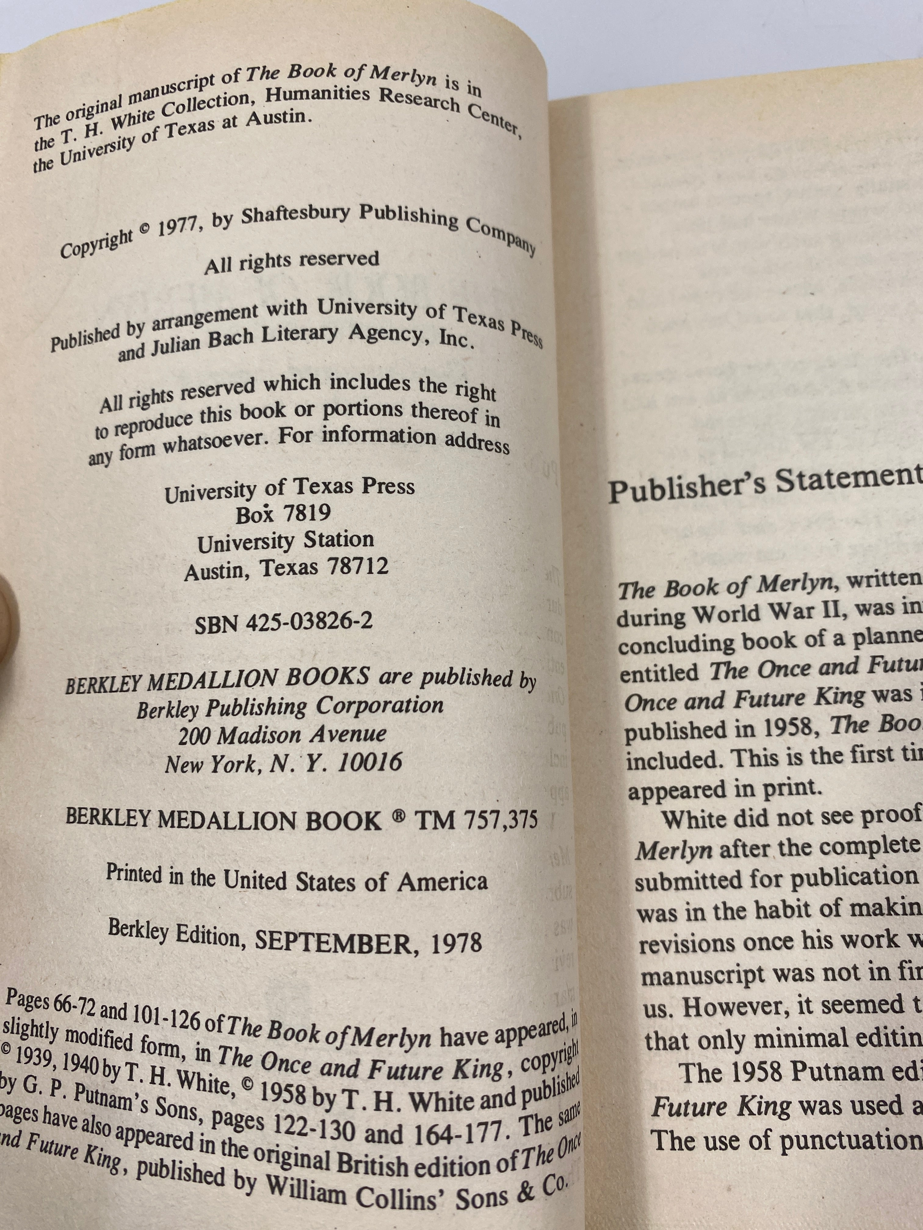 Book of Merlyn T.H. White Paperback SC 1978