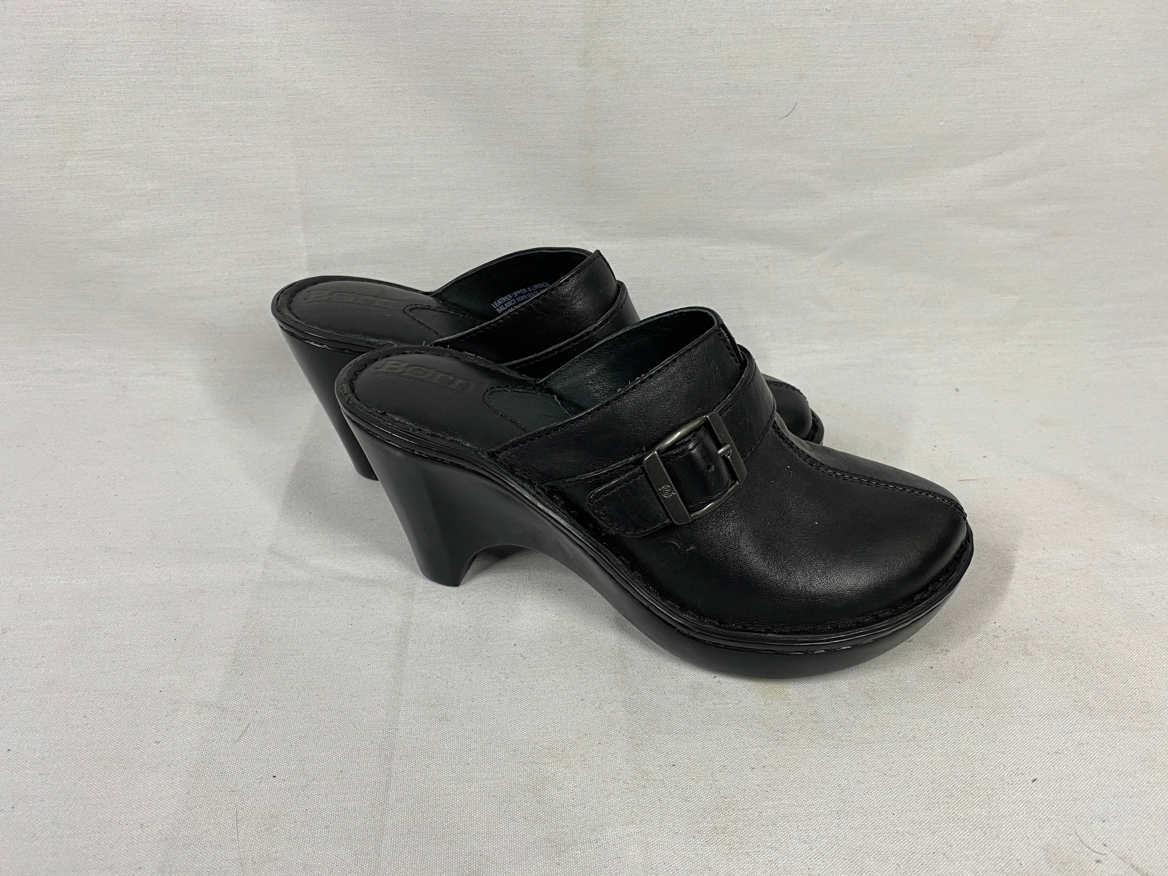 Born Black Leather Buckle Heeled Clogs Women's Size 6