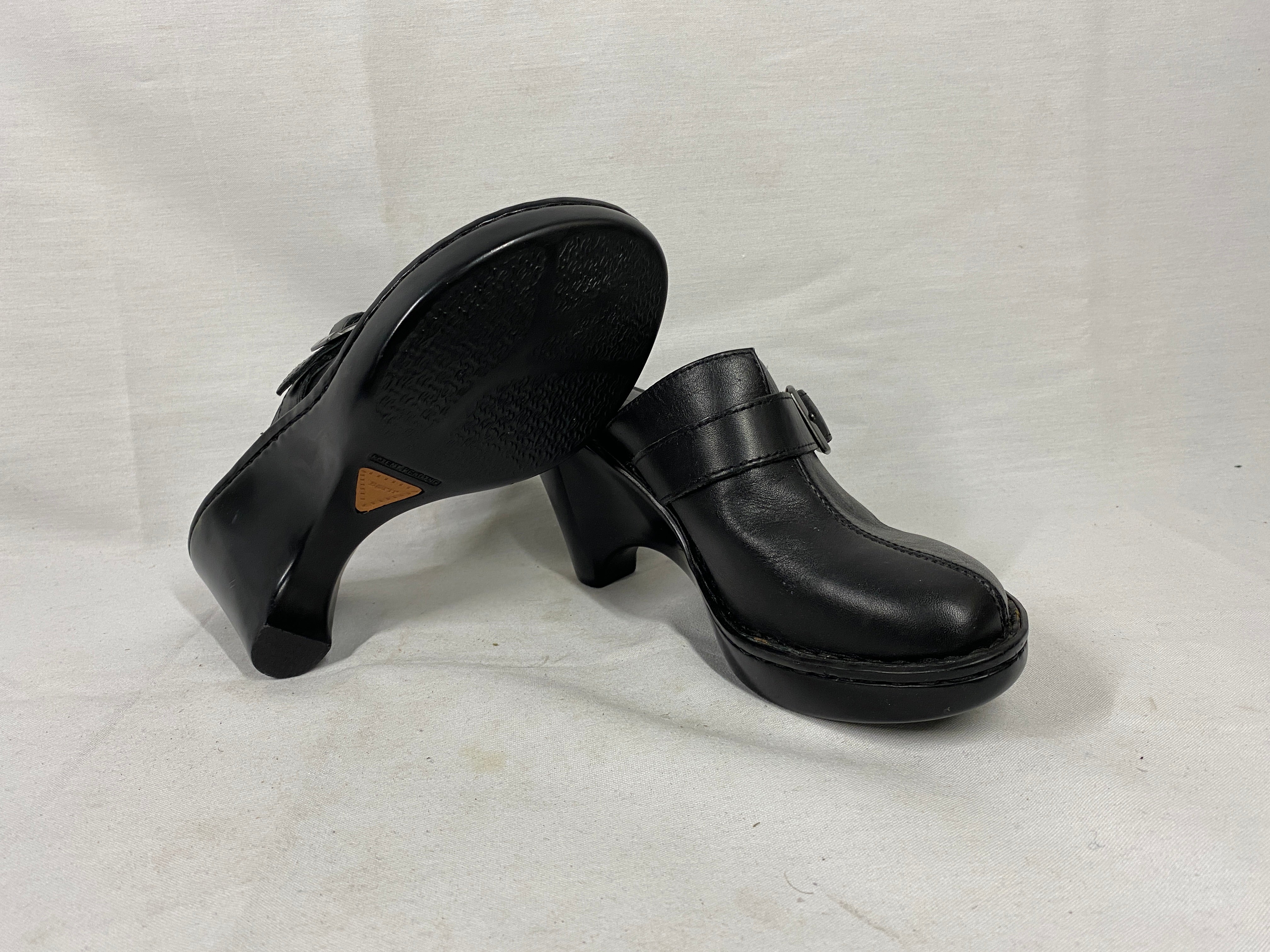 Born Black Leather Buckle Heeled Clogs Women's Size 6