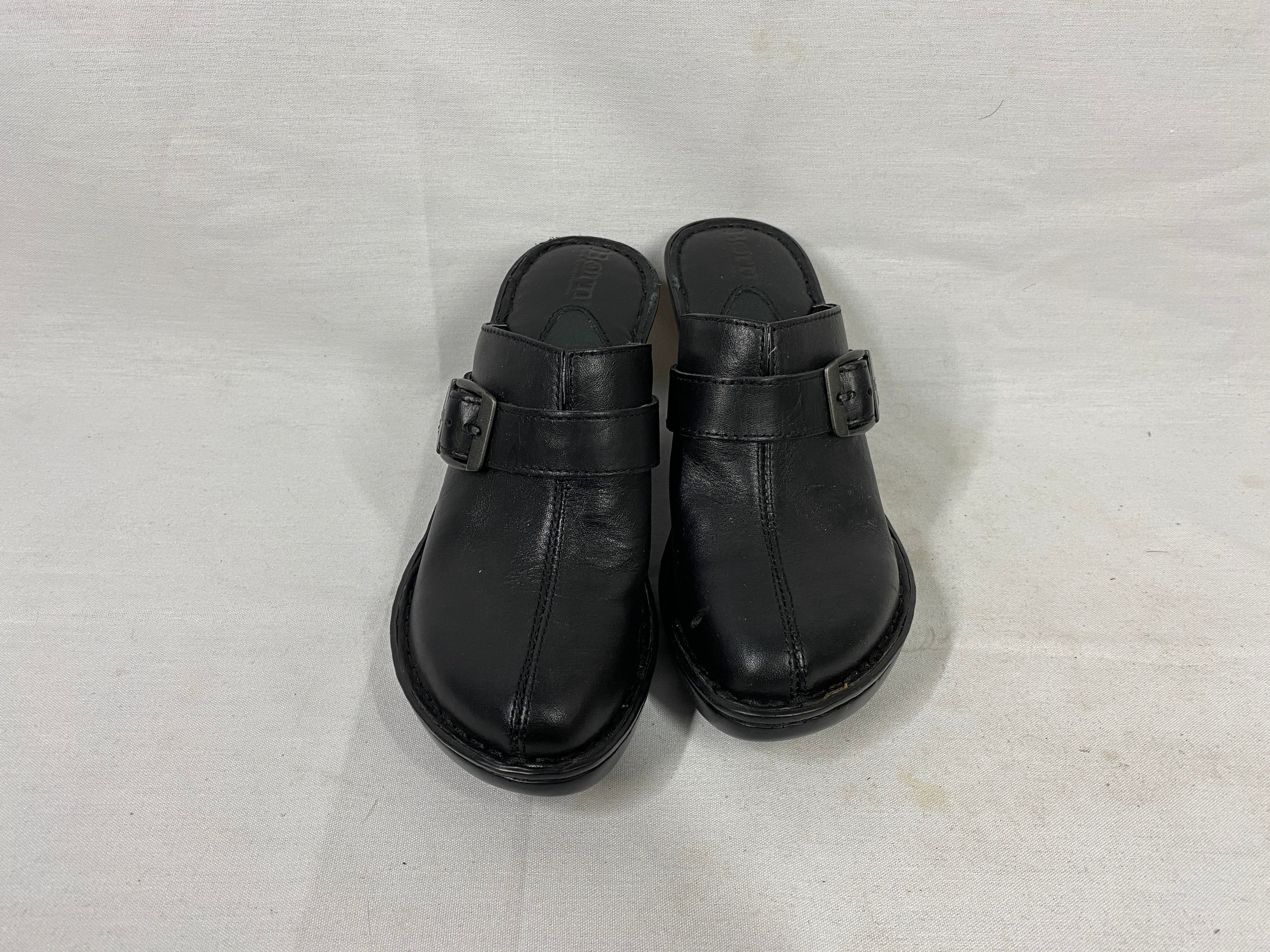 Born Black Leather Buckle Heeled Clogs Women's Size 6