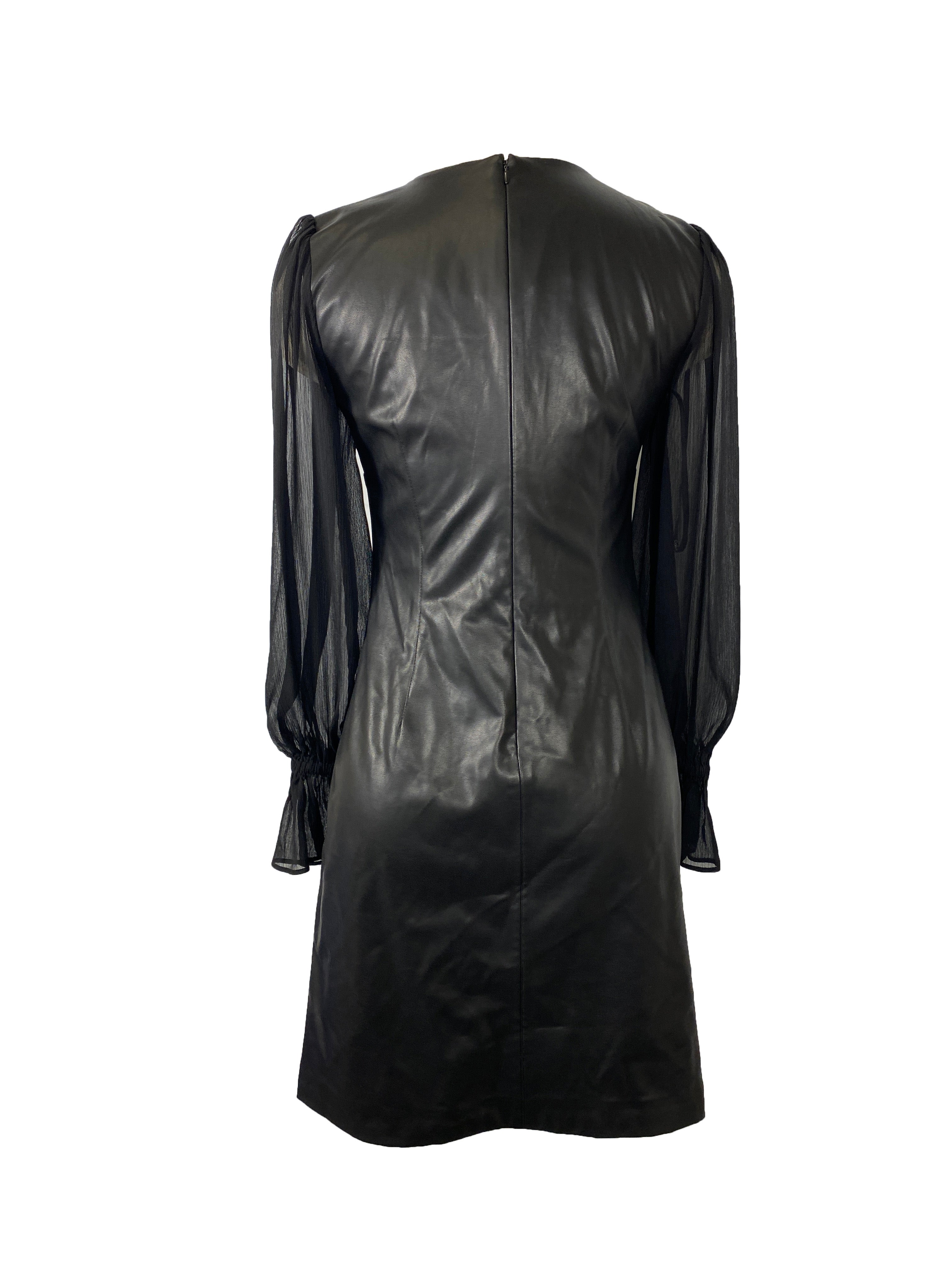 Calvin Klein Faux Leather Sheath Dress With Chiffon Sleeves Women's Size 2