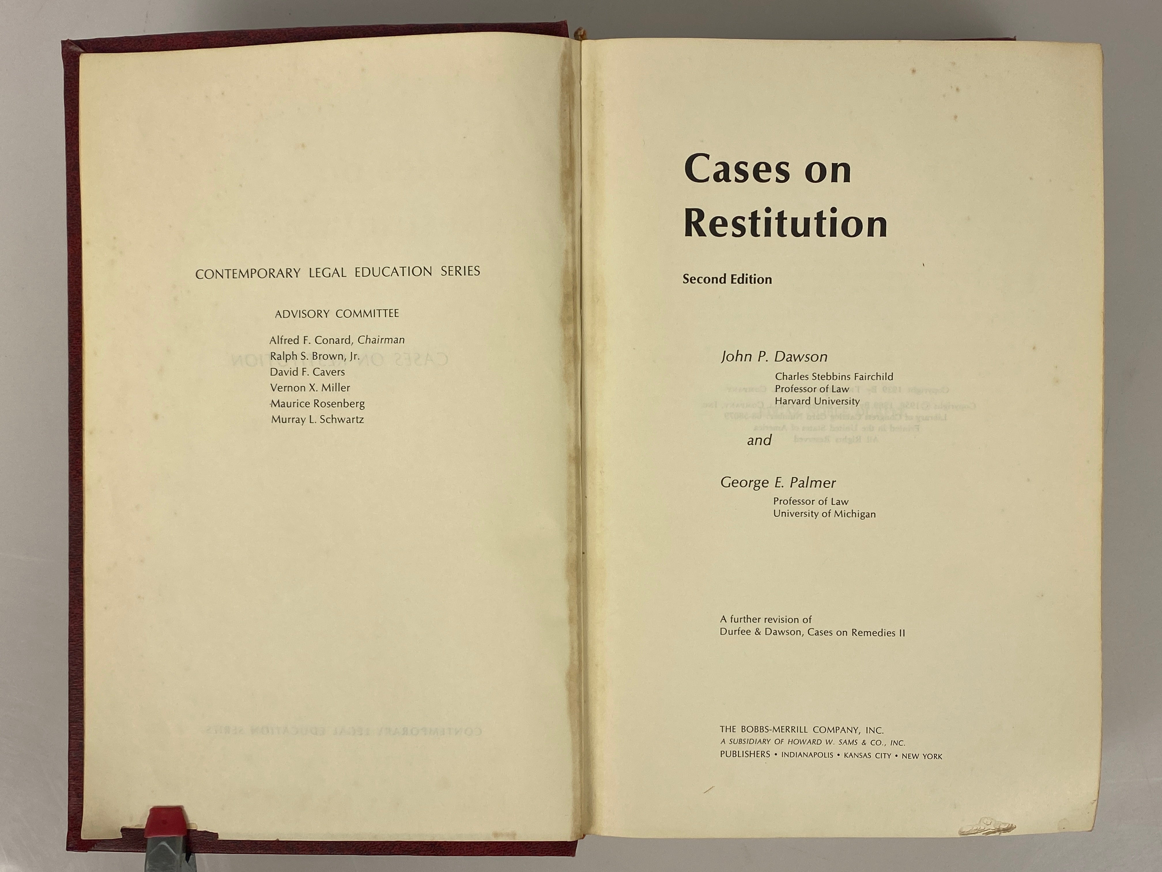 Cases on Restitution by Dawson and Palmer 1969 Vintage HC