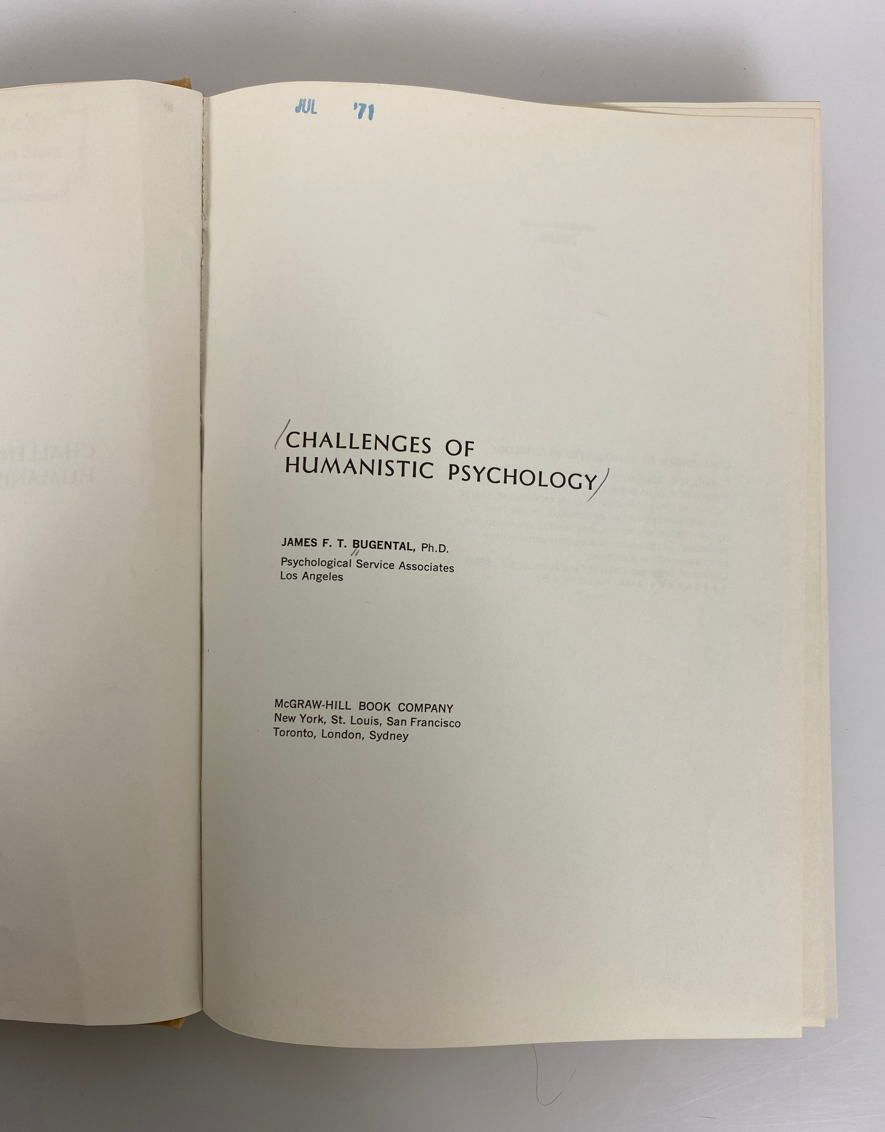Challenges of Humanistic Psychology by Bugental 1967 Library Binding HC