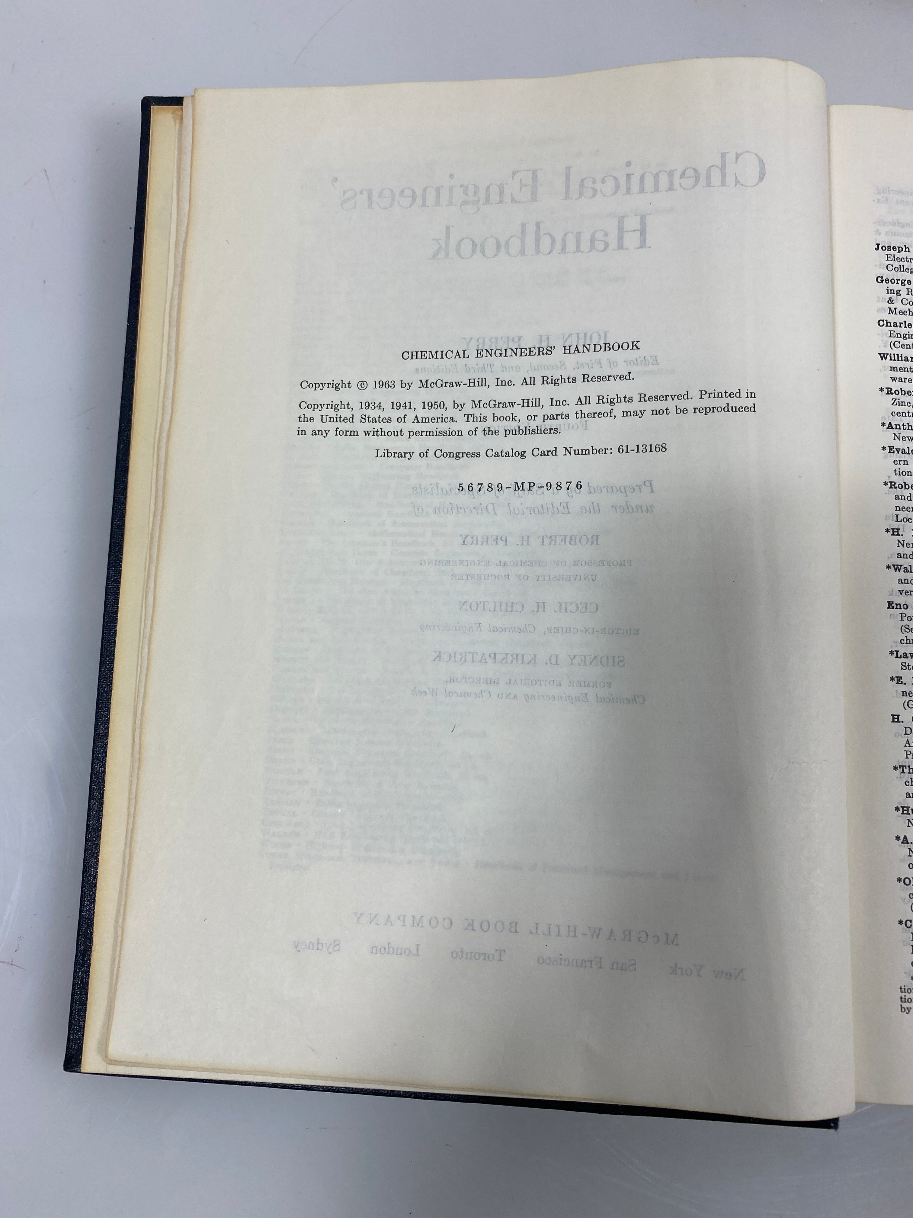 Chemical Engineer's Handbook by Perry 4th Ed. 1963 HC
