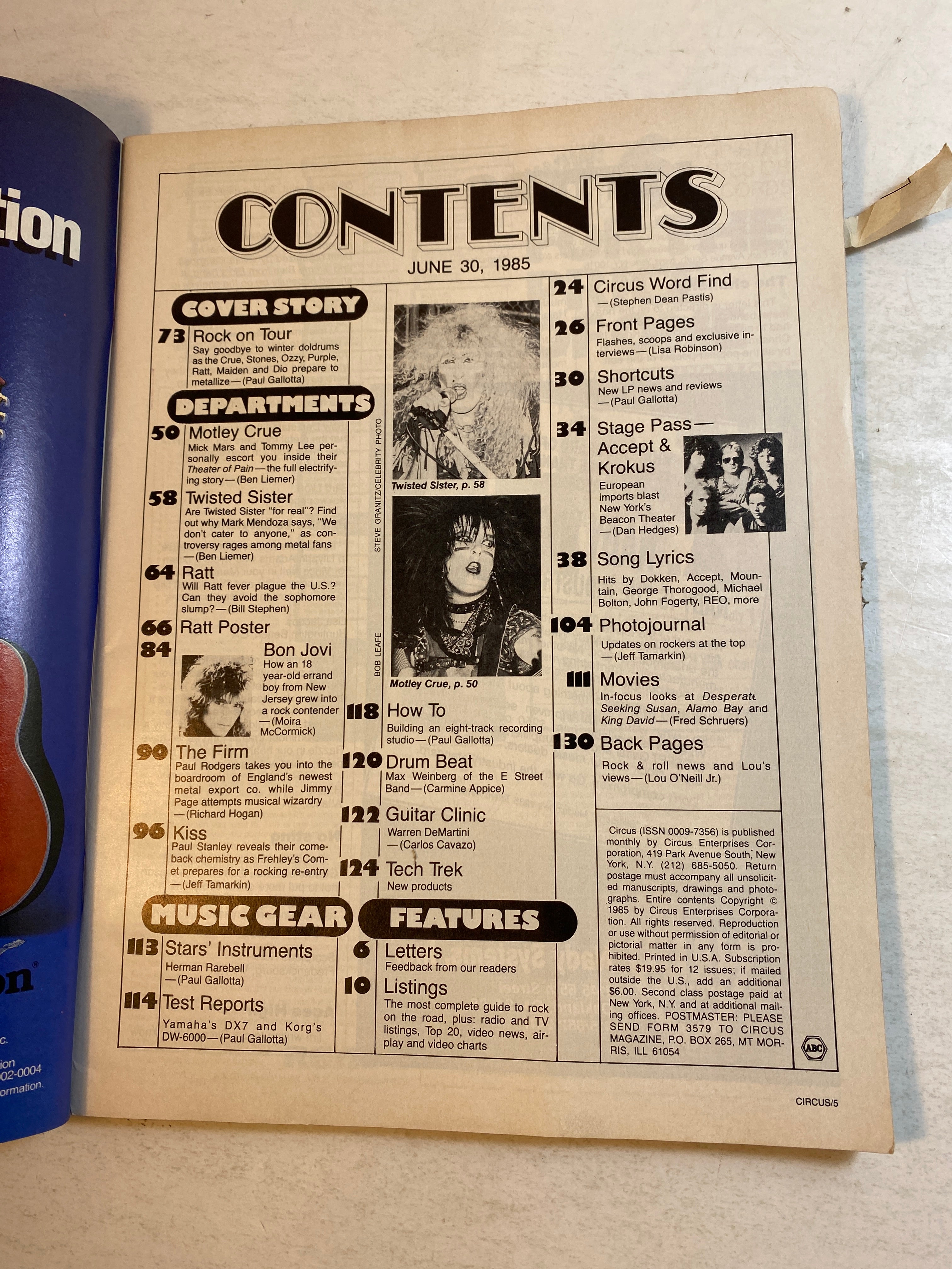 Circus June 30, 1985 Rock on Tour
