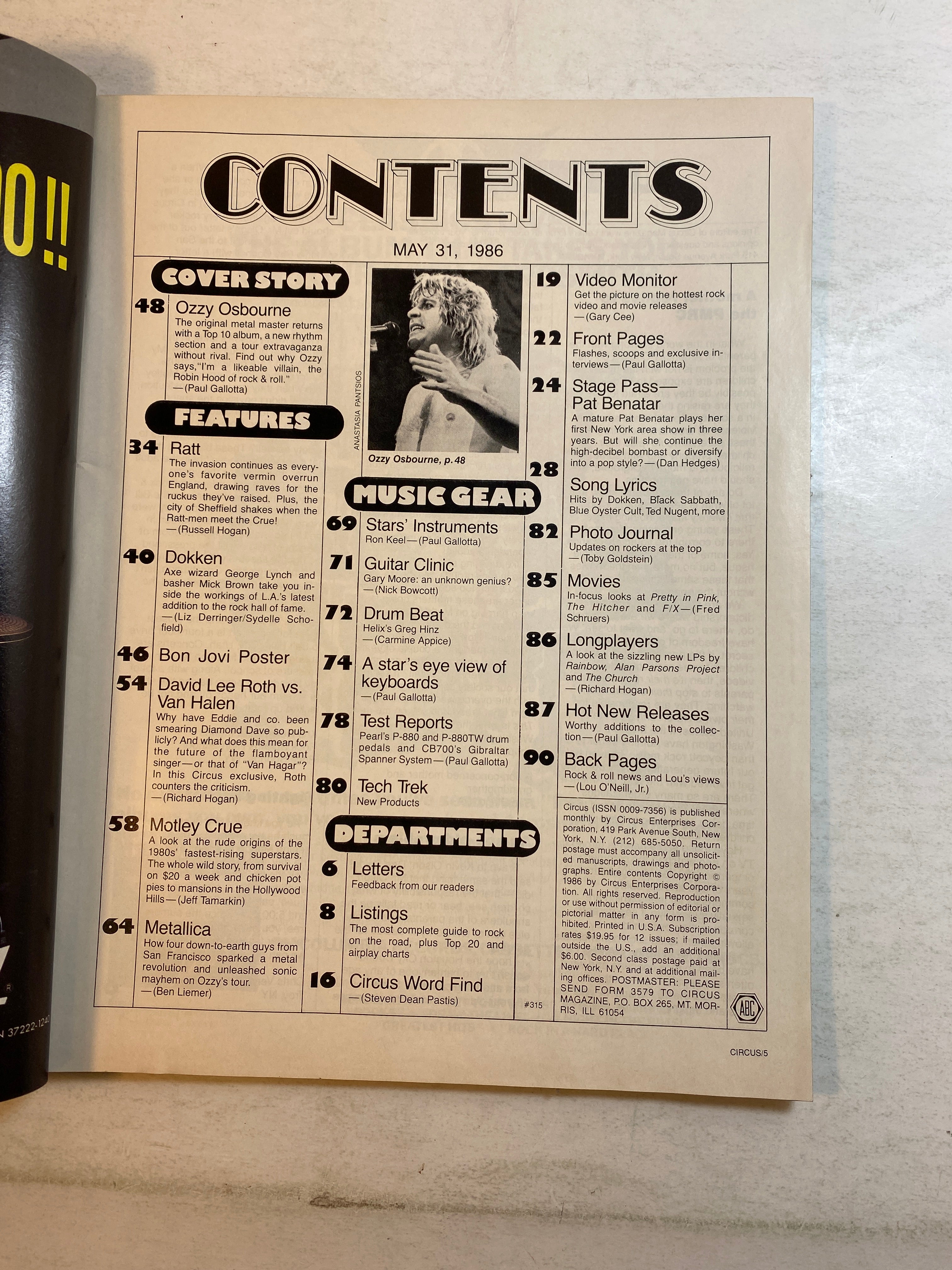 Circus Magazine May 1986 Ozzy Osbourne