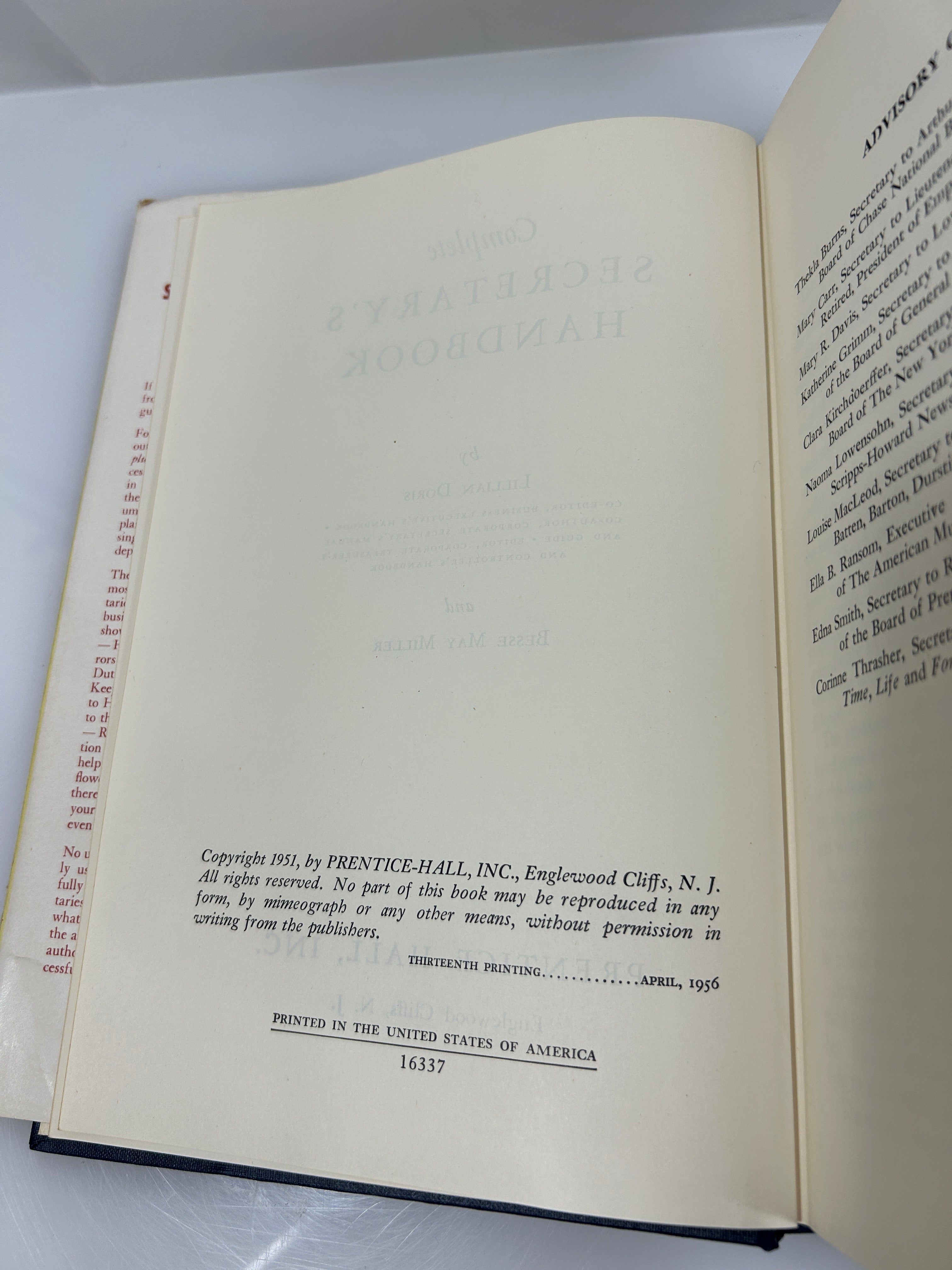 Complete Secretary's Handbook by Doris/Miller Prentice Hall 13th Print 1956 HCDJ
