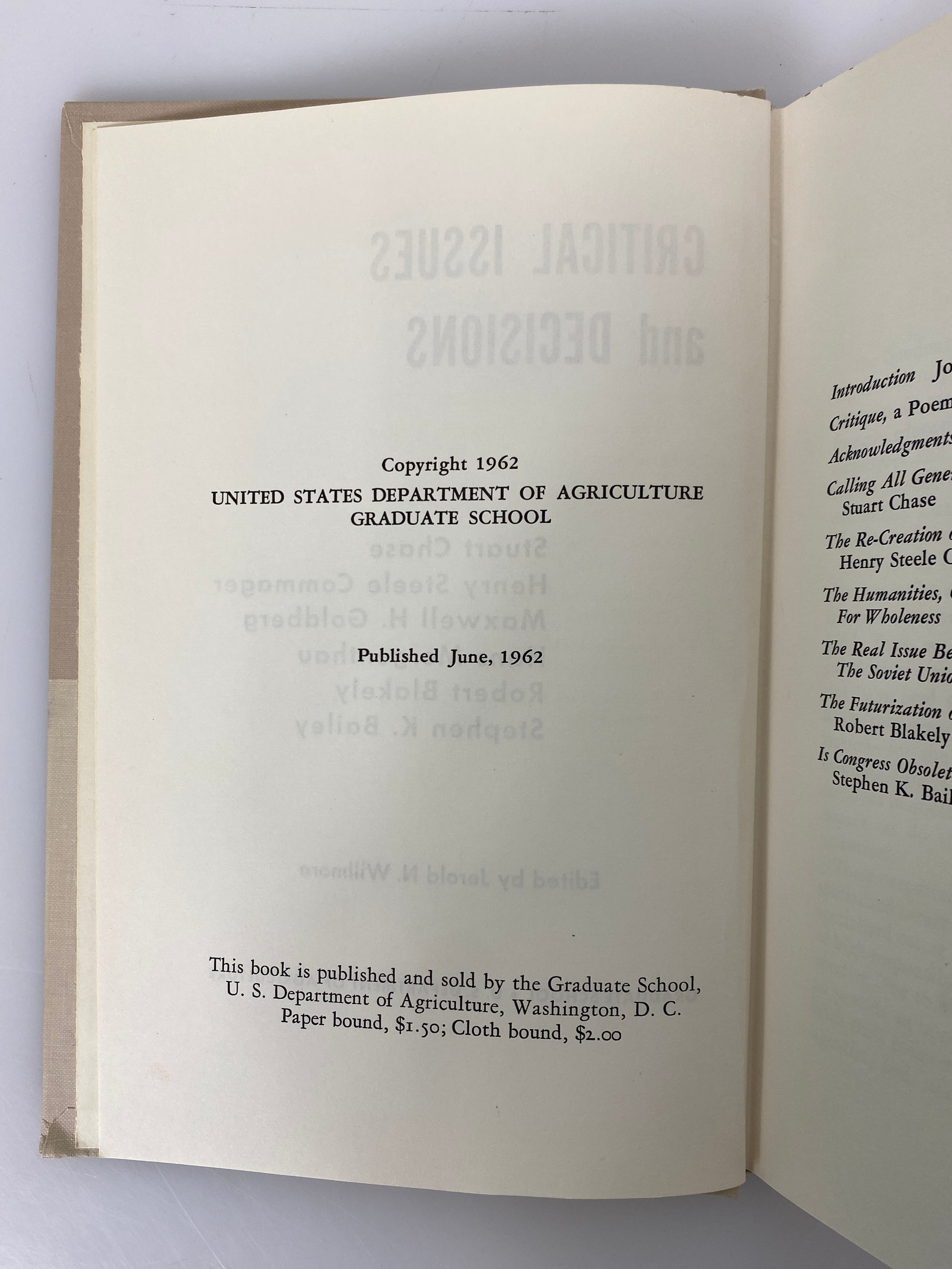 Critical Issues and Decisions USDA Graduate School 1962 Rare Ex-Library HC