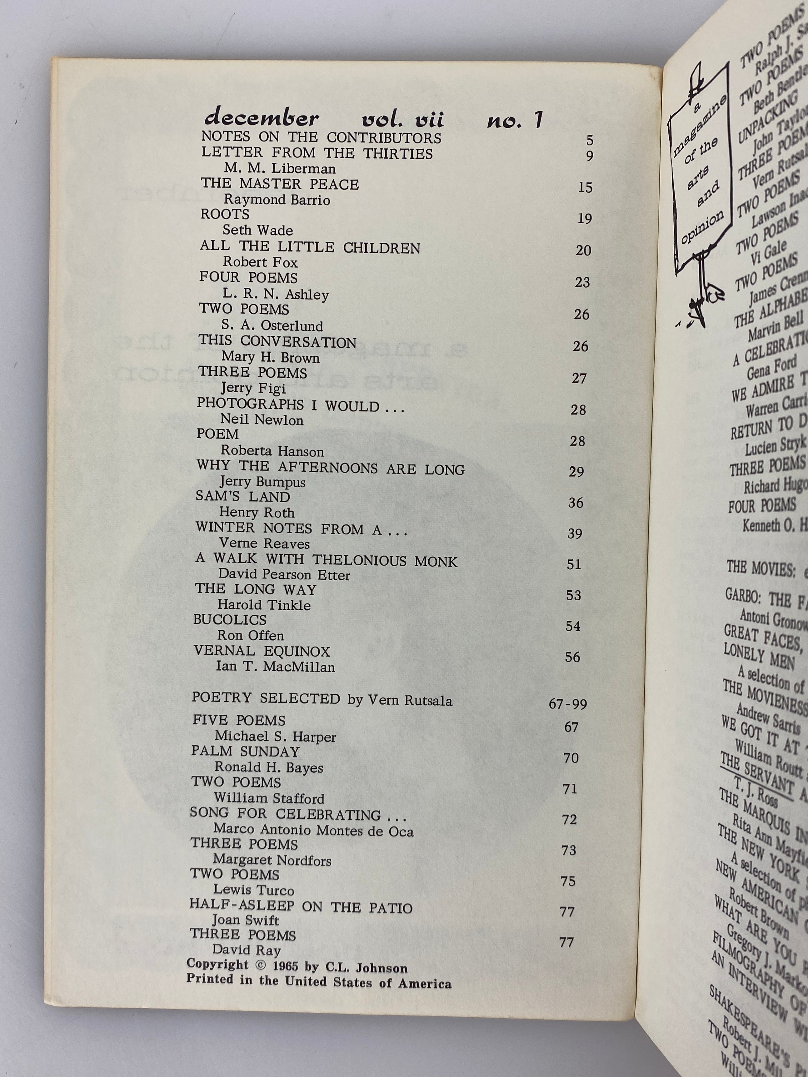 December Magazine of Arts & Opinion 1965 Volume VII No. 1 Vintage SC