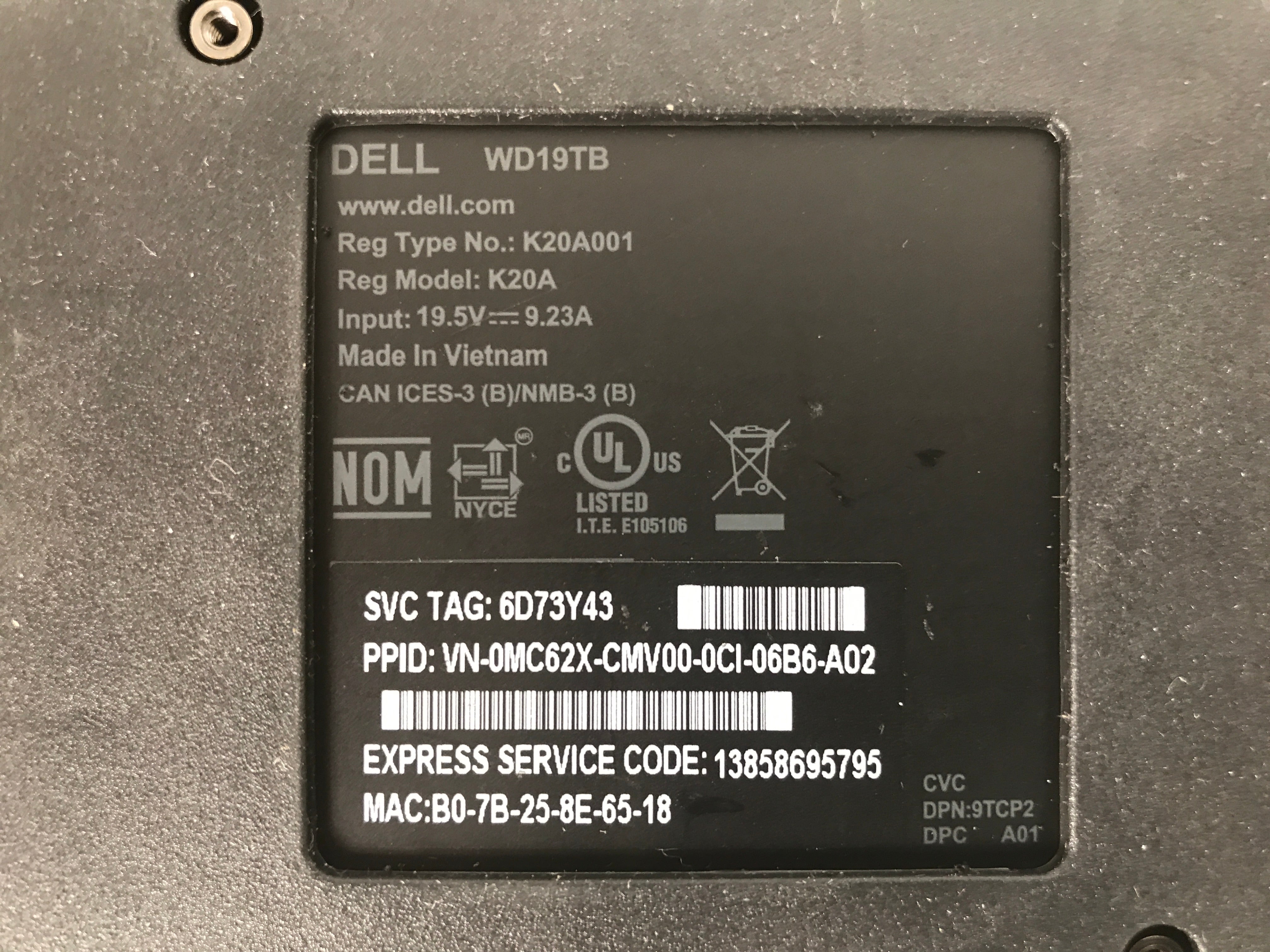 Dell USB-C Docking Station WD19TB w/ AC Adapter