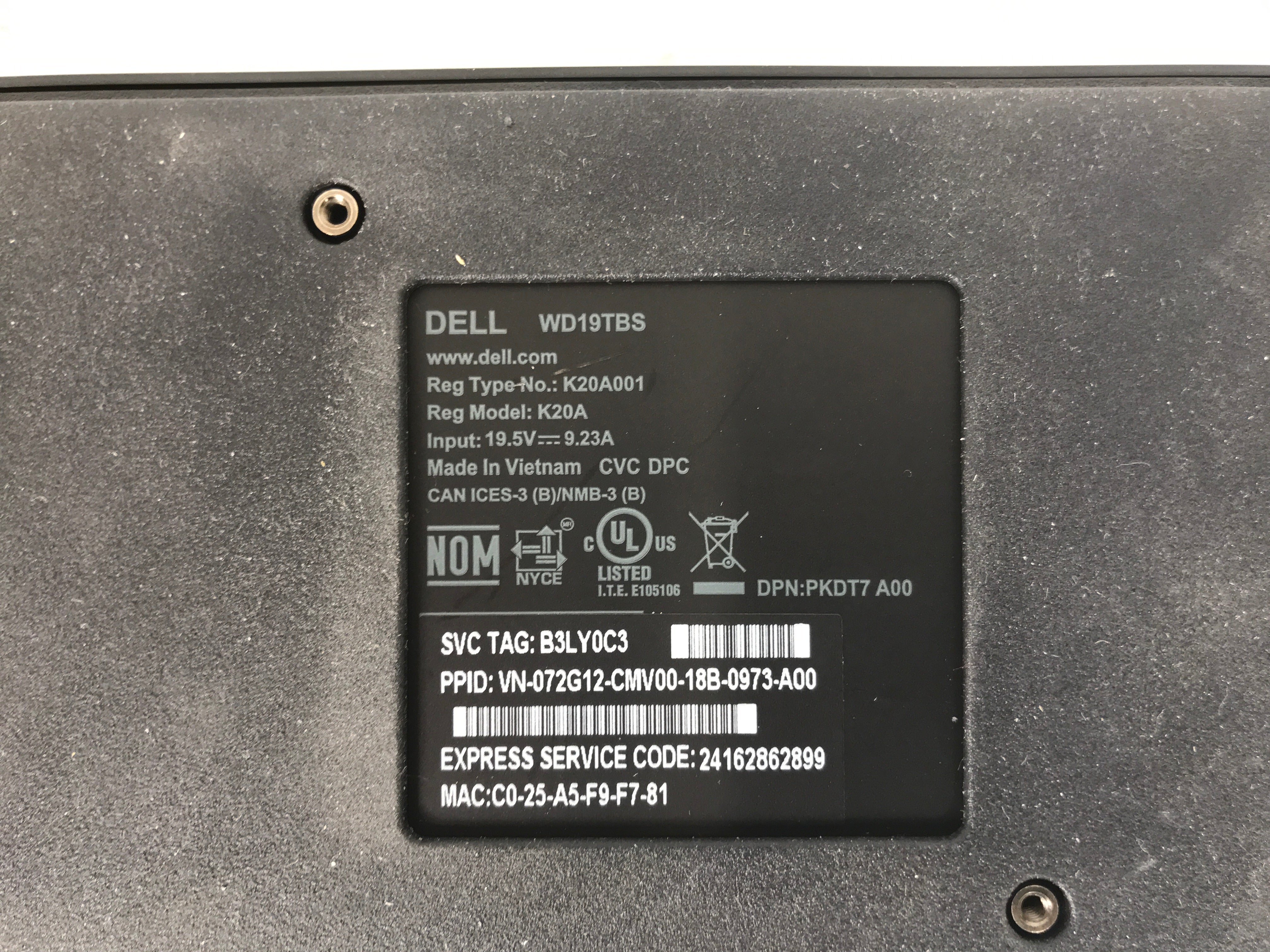 Dell Thunderbolt Docking Station WD19TBS w/ AC Adapter