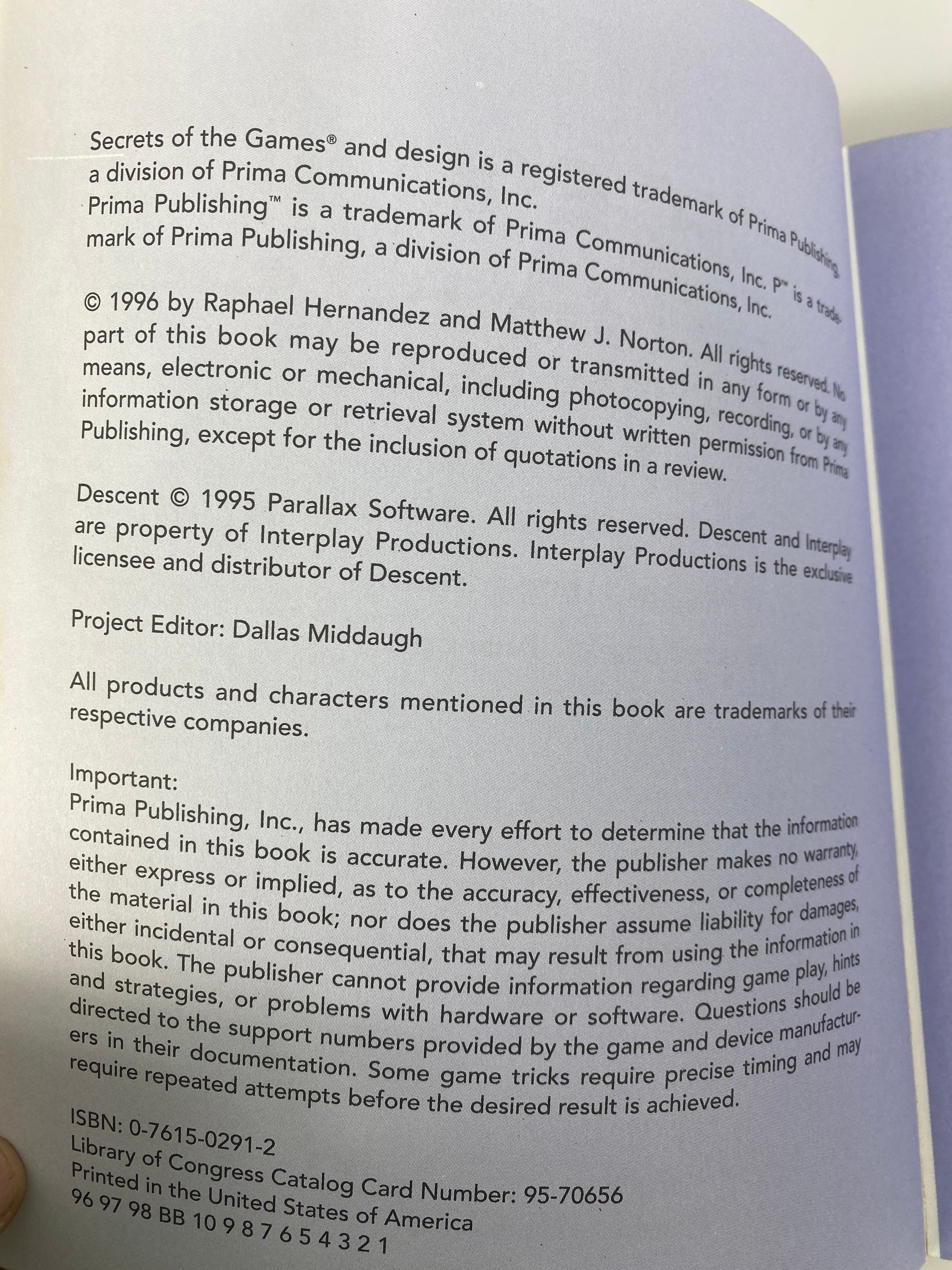 Descent II 2 Official Strategy Guide Prima 1996