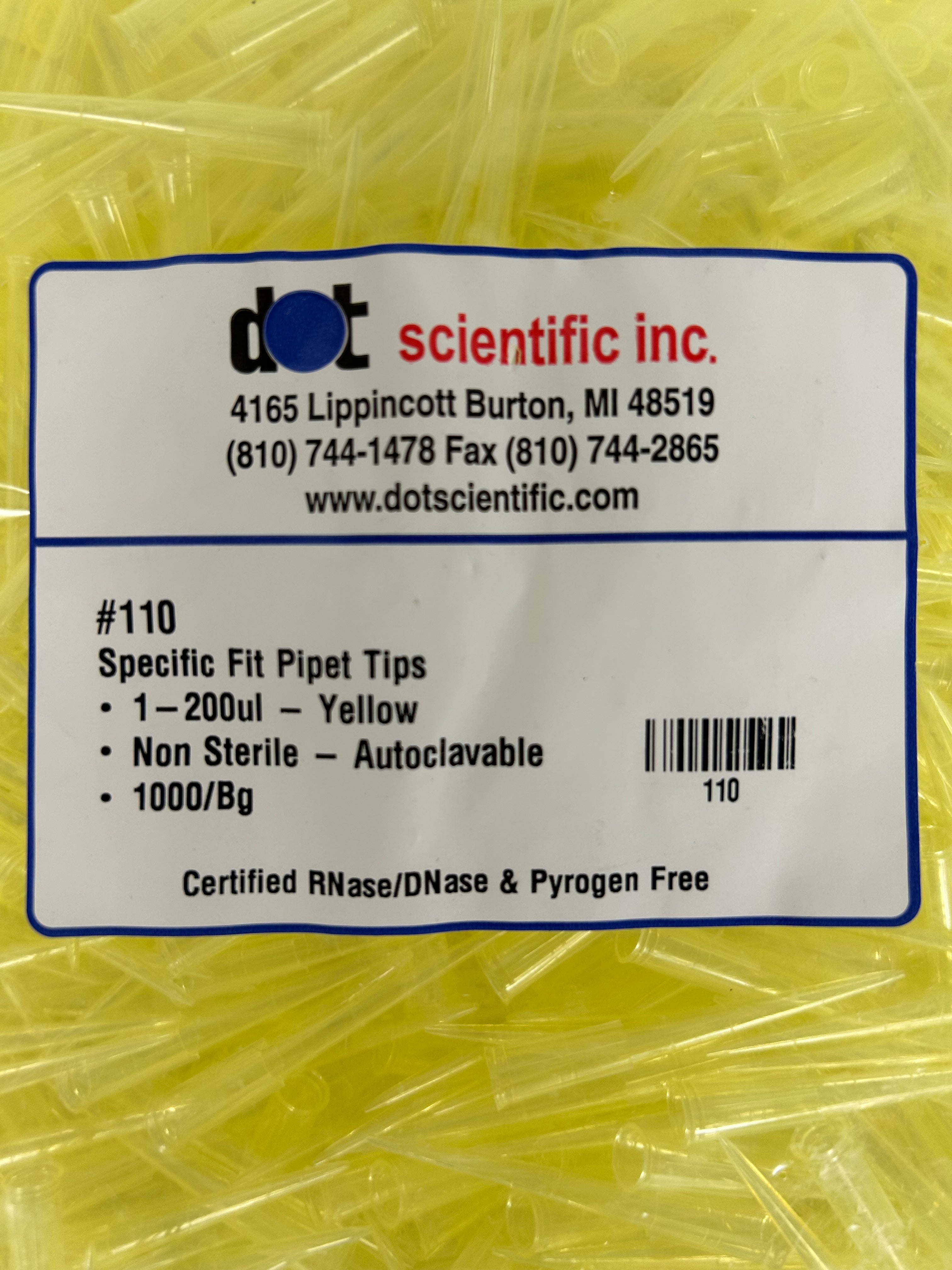 Dot Scientific Inc #110 1-200ul Yellow Non-Sterile Autoclavable Pipet Tips 1000 Count