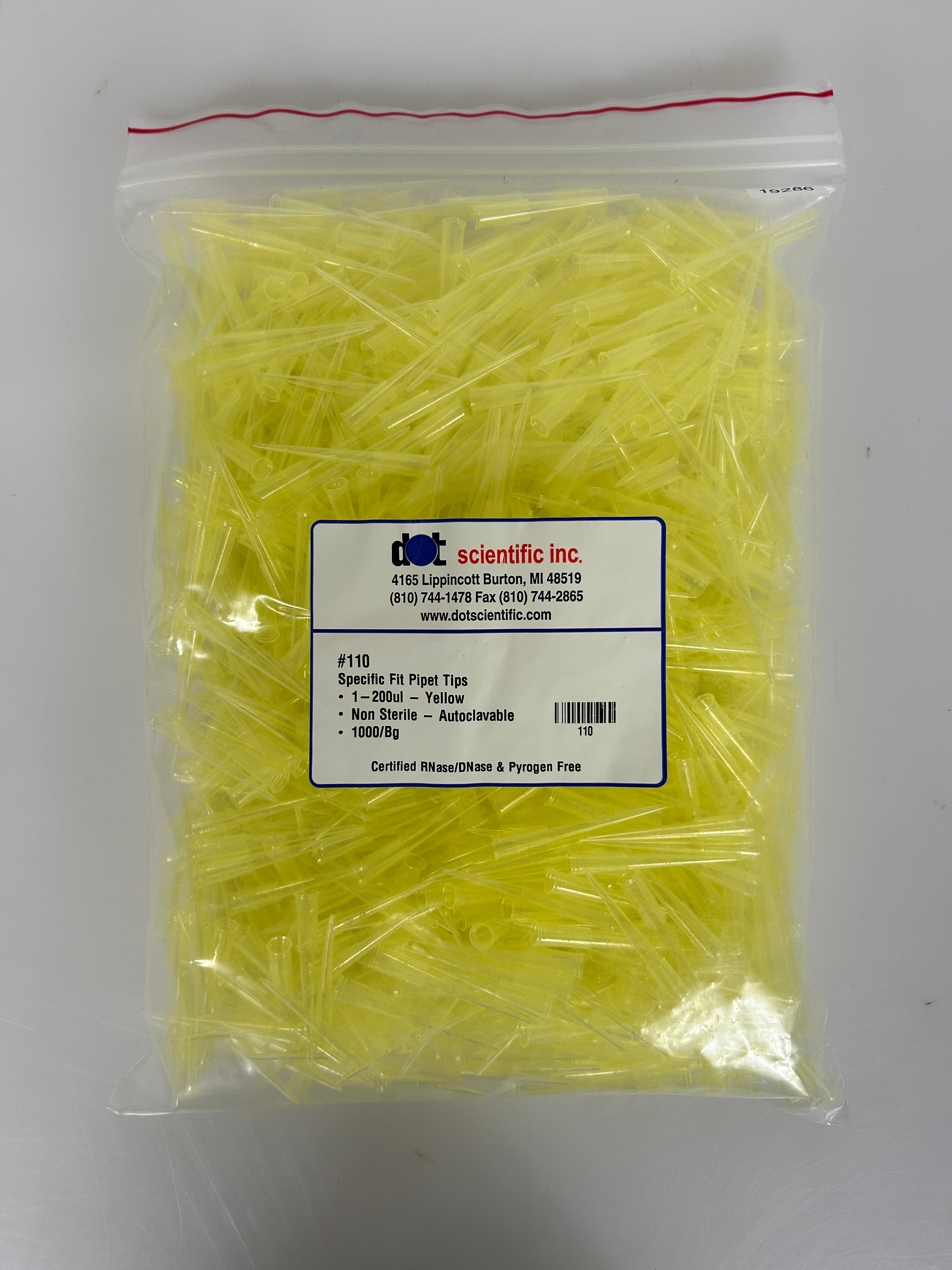 Dot Scientific Inc #110 1-200ul Yellow Non-Sterile Autoclavable Pipet Tips 1000 Count