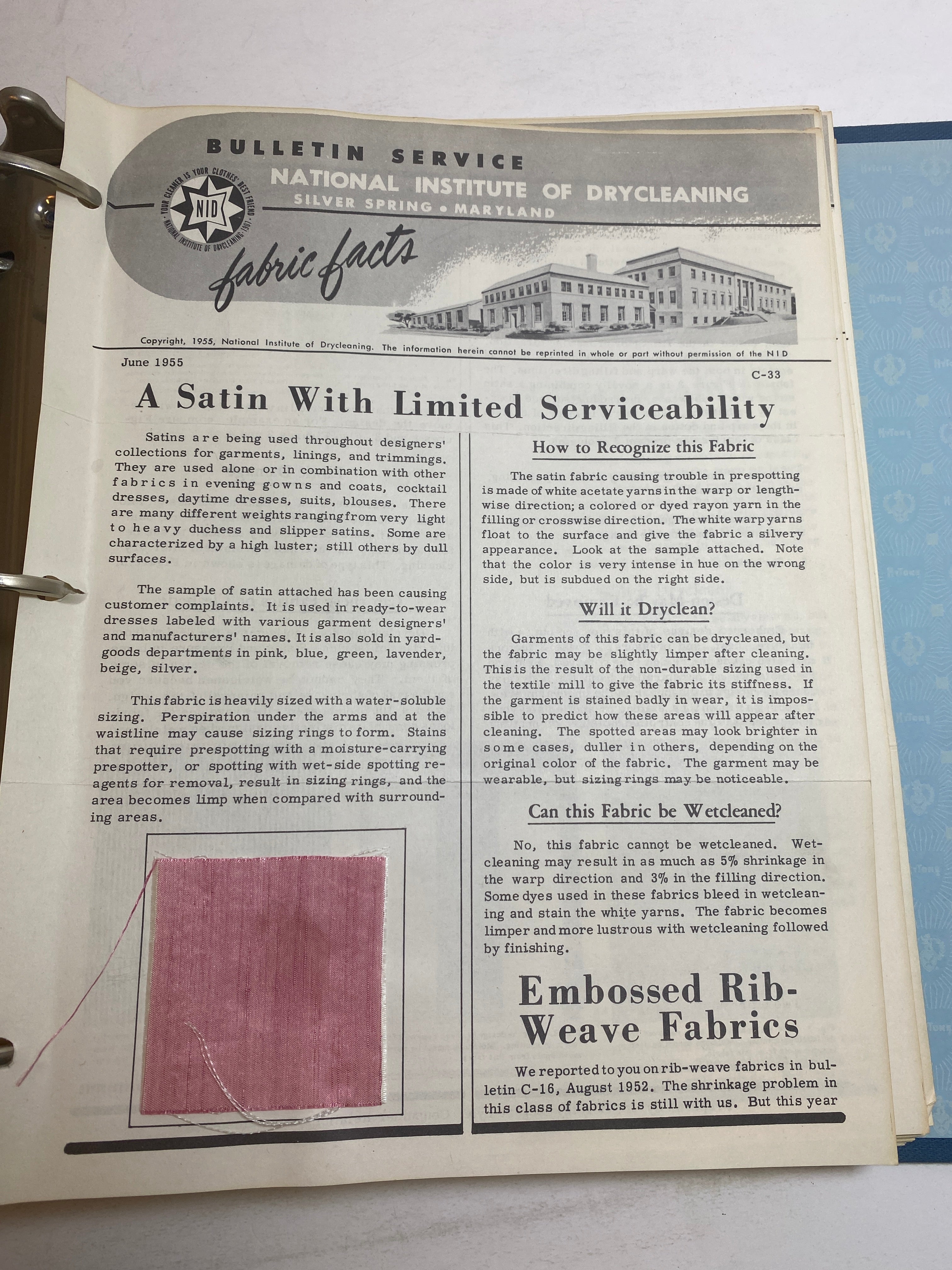 Dry Cleaner Fabric Facts Vintage 1950-1958