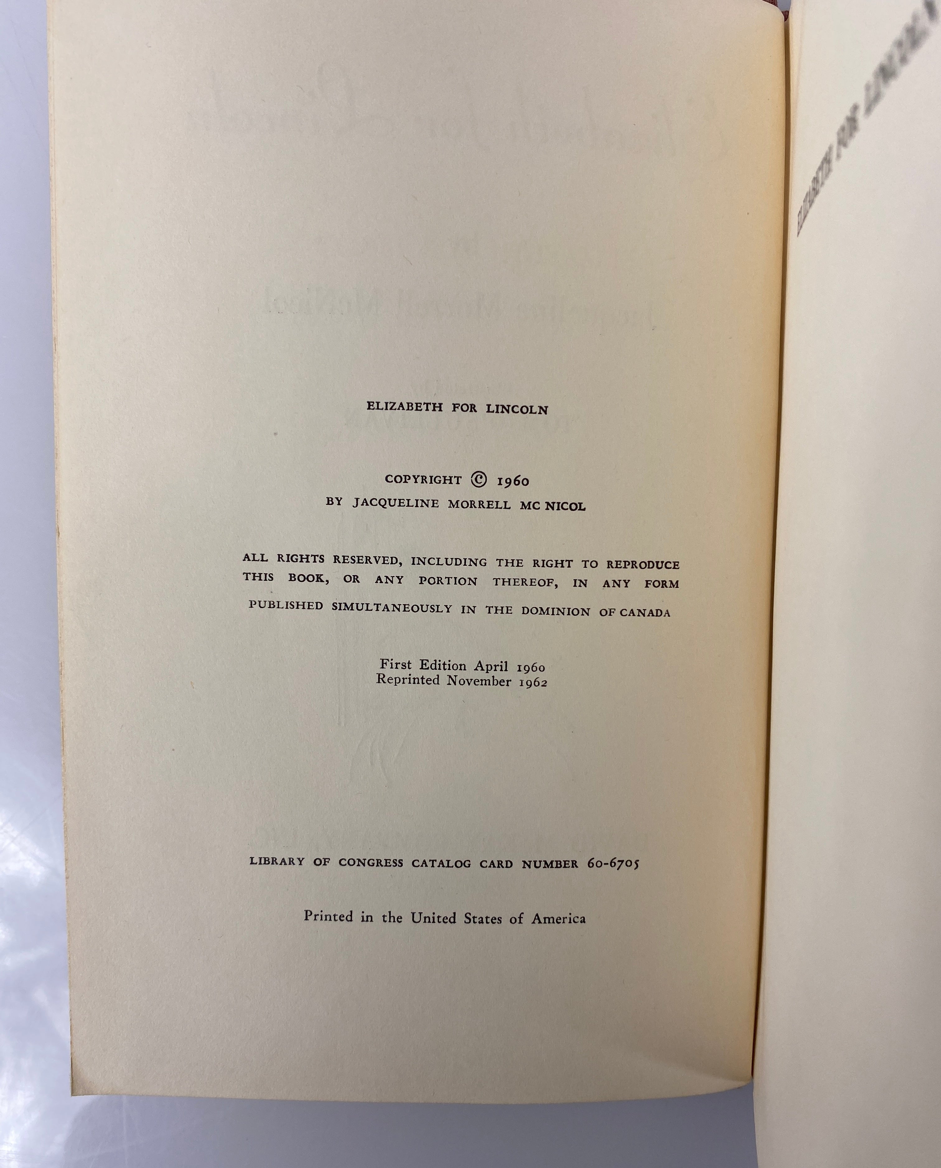 Elizabeth for Lincoln by Jacqueline Morrell McNicol 1962 Reprint Vintage HC