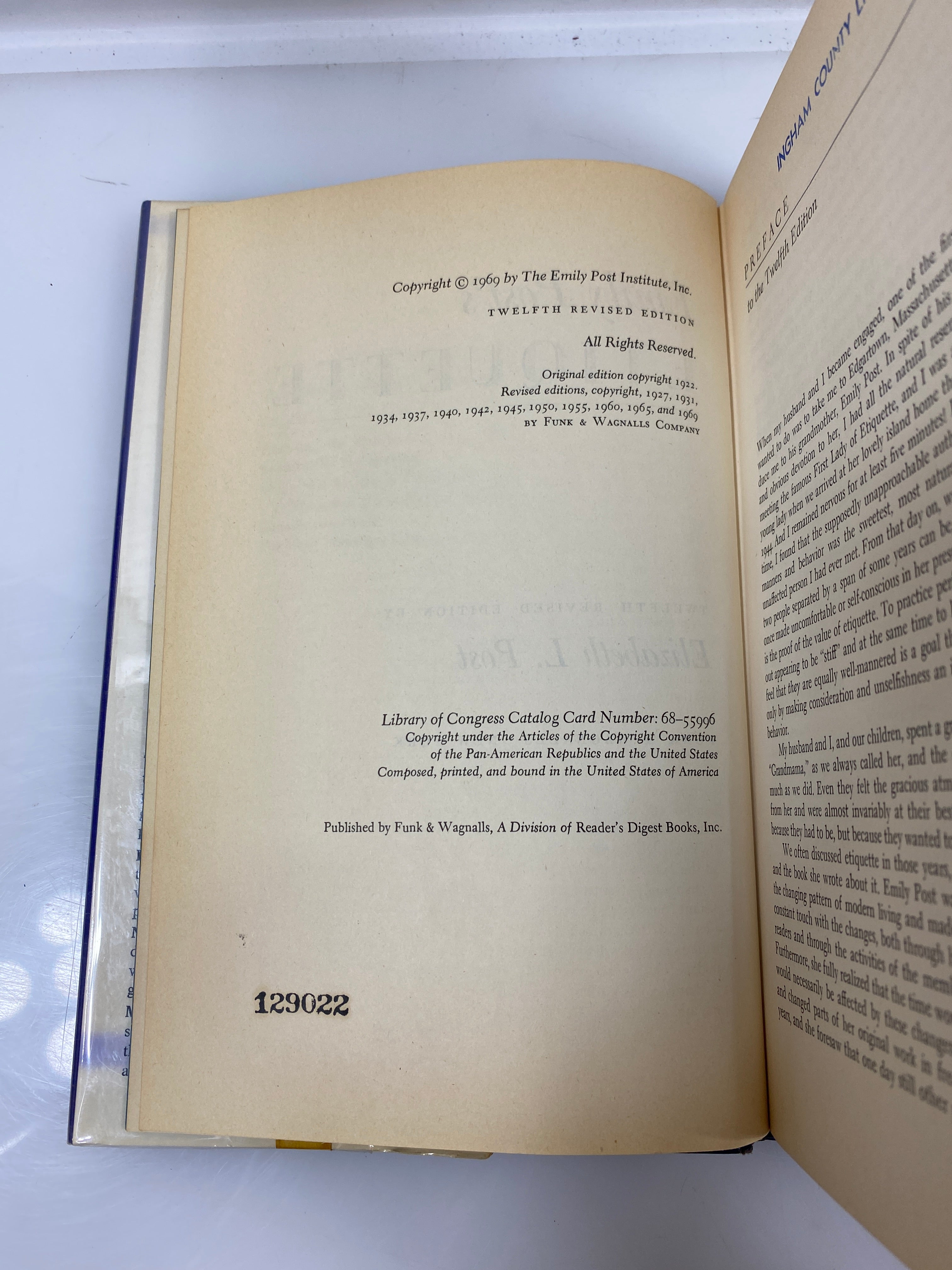 Emily Post's Etiquette by Elizabeth Post Ex-library 1969 HCDJ