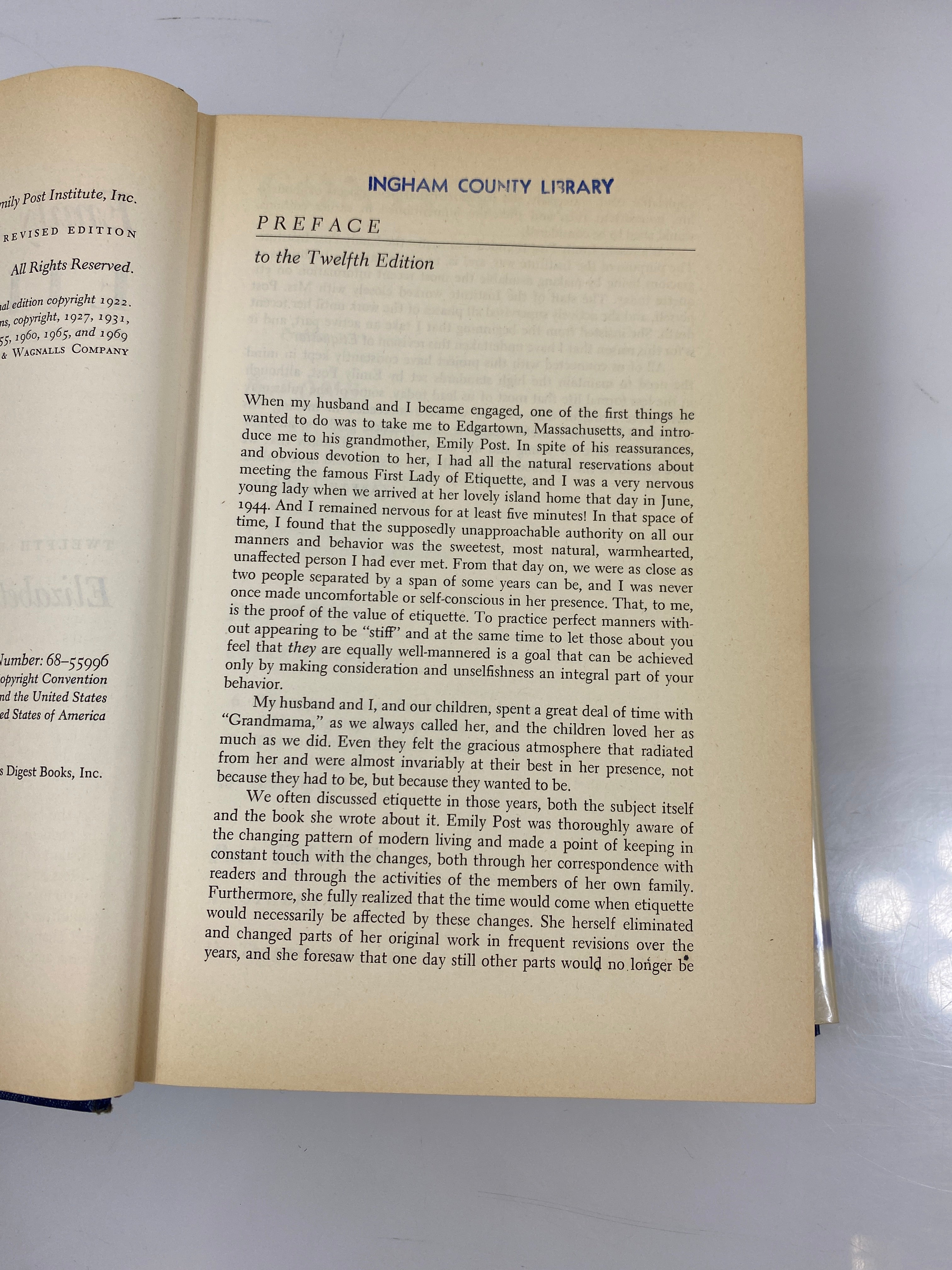 Emily Post's Etiquette by Elizabeth Post Ex-library 1969 HCDJ